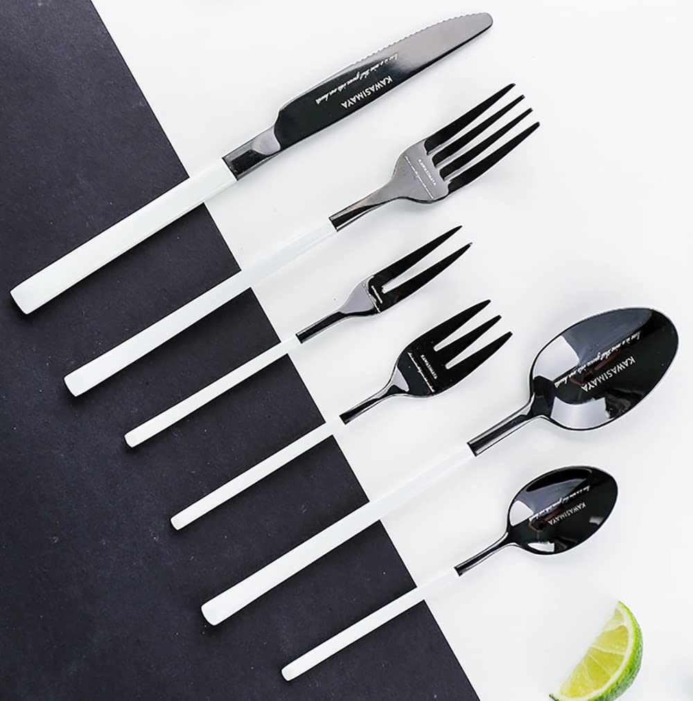 Premium Stainless Steel Flatware Cutlery Set - 6-Piece Silverware with White Handle (Fork, Spoon, Knife) for Home, Kitchen & Restaurant Use | Dishwasher Safe Utensils | Elegant Dining & Gift Set (Black)