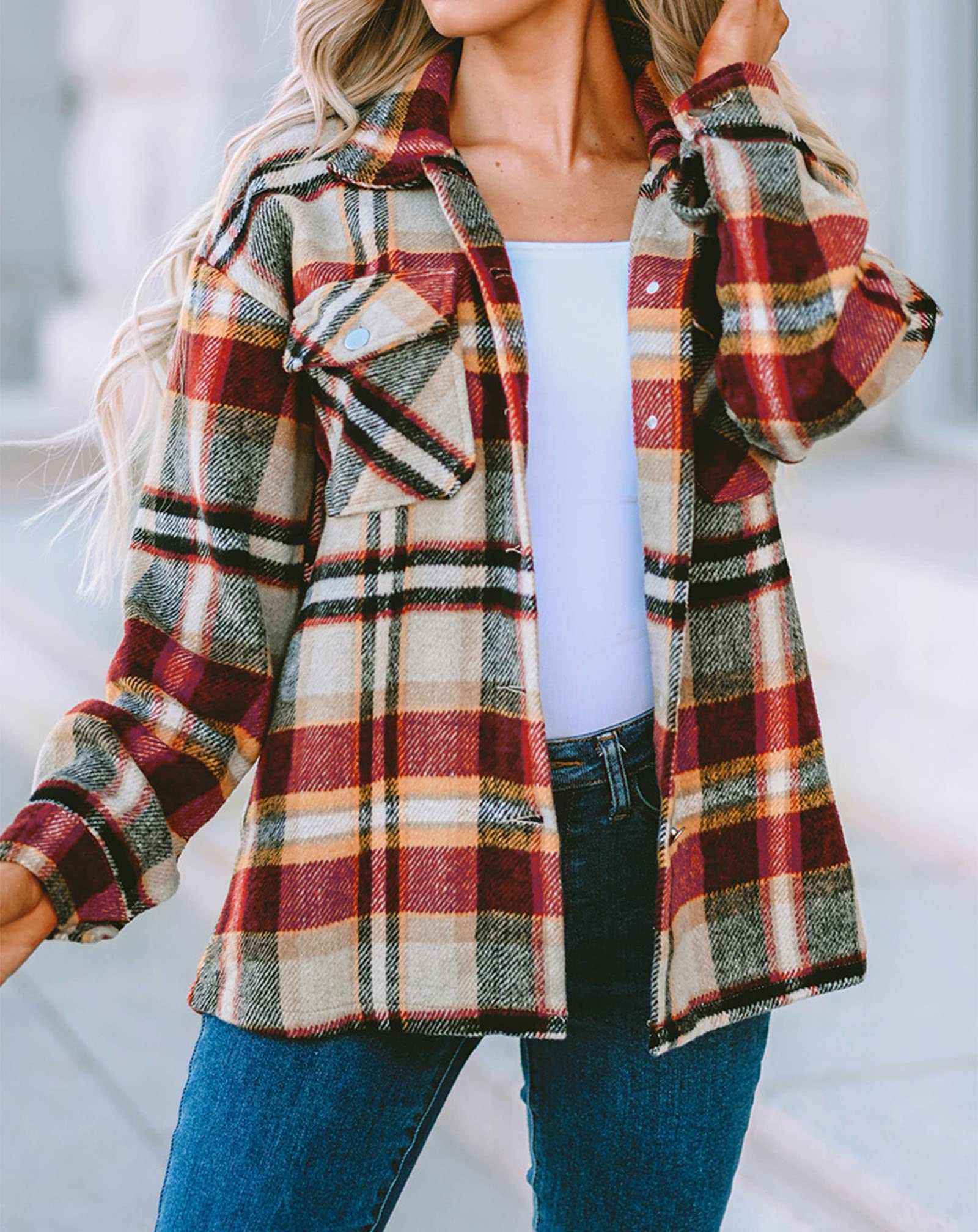 BTFBM Women's Plaid Jacket - Long Sleeve Button Down Flannel Shacket Shirt for Casual Wear, Loose Fit Blouse Top for Fall & Spring 2025 | Perfect for Outdoor Activities, Layering and Office Wear