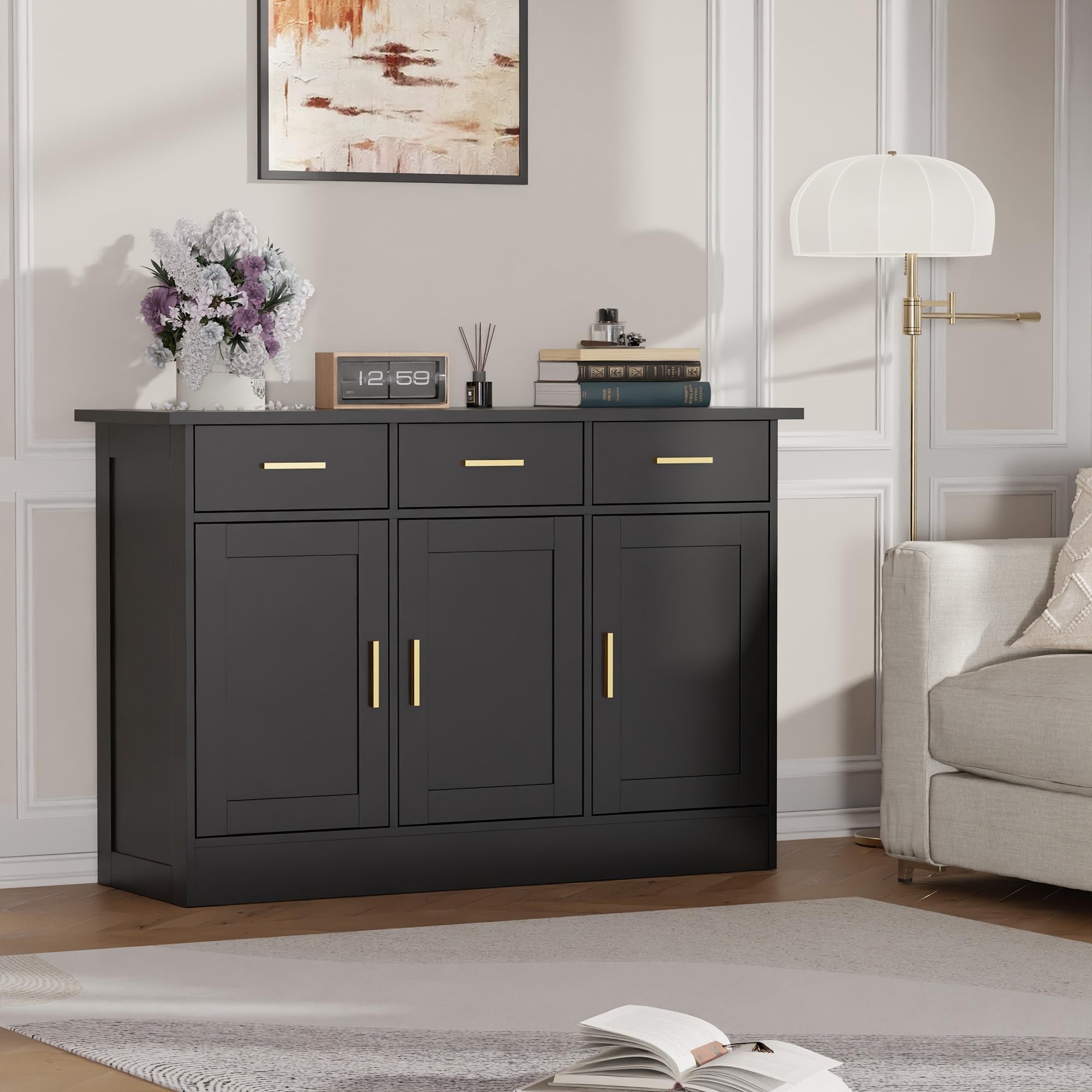 **Black 3-Door Wood Buffet Cabinet with Storage - Sideboard Kitchen Storage, Coffee Bar Console Table for Living Room, Dining Room & Entryway | Large Accent Cabinet with Drawers for Home Decor & Entertaining**
