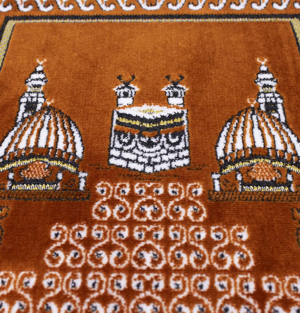 Premium Child Velvet Islamic Prayer Rug with Kaba & Mosque Design - Soft Burnt Orange Prayer Mat for Kids - Perfect for Home Worship, Sunday School & Ramadan Gifts