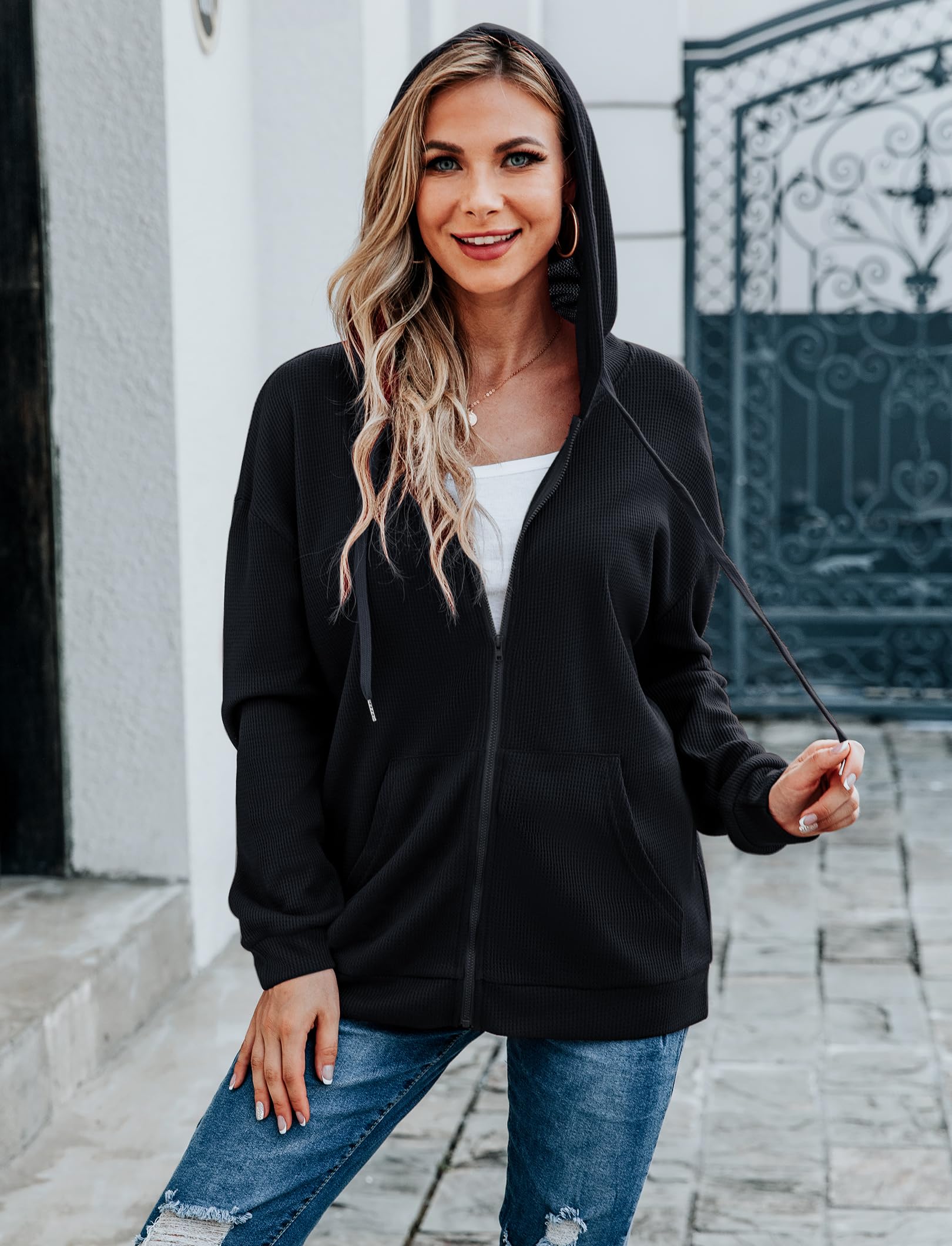 Cowasto Women's Waffle Knit Zip Up Hoodie - Casual Long Sleeve Drawstring Jacket with Hood | Perfect for Fall Layering, Lounge Wear & Outdoor Activities