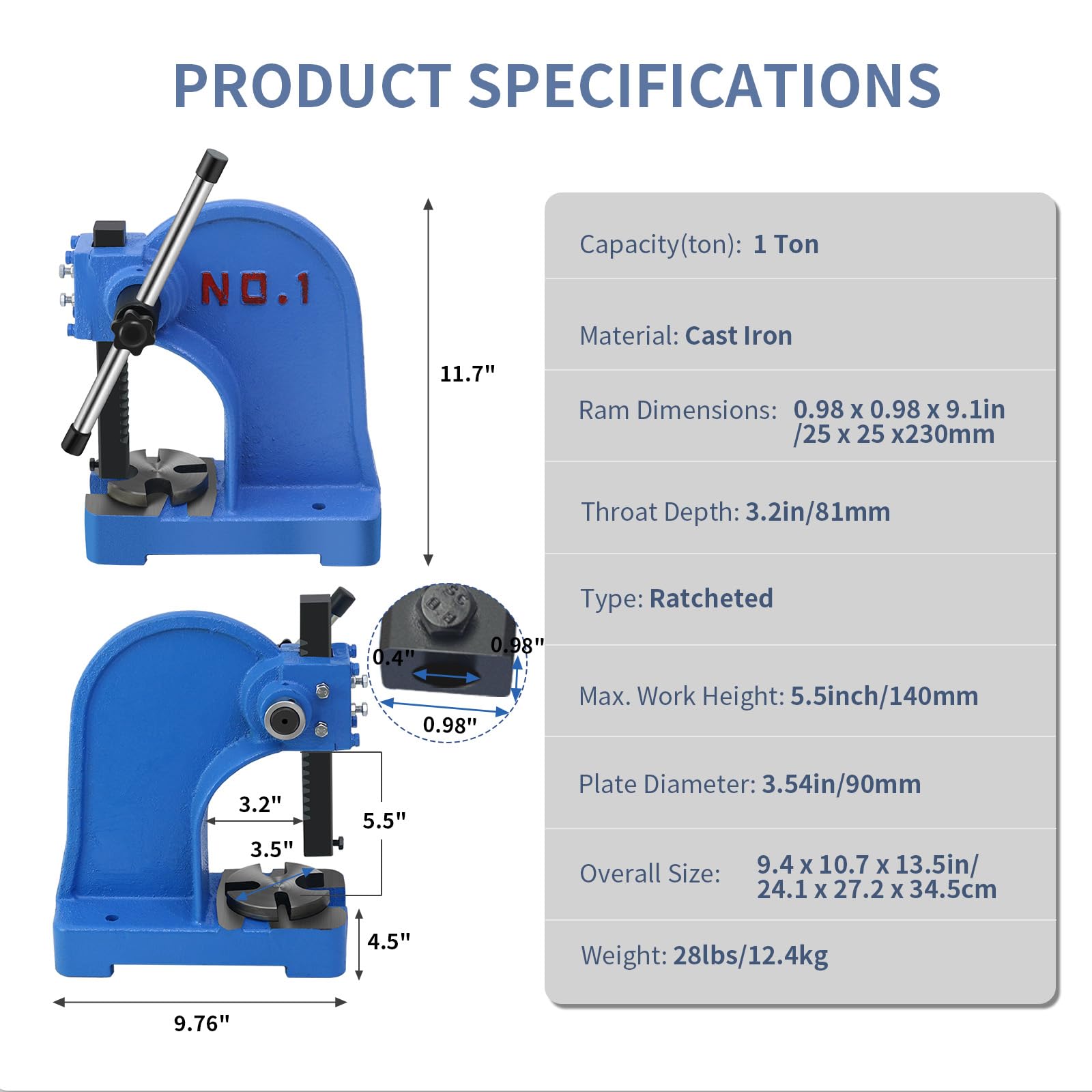 1 Ton Manual Arbor Press - Cast Iron Desktop Punch Press Machine with 5.5