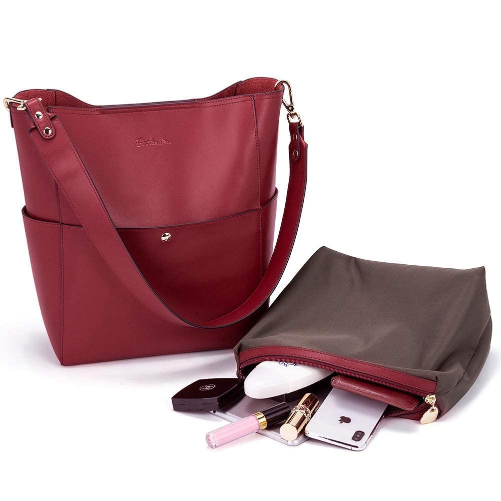 BOSTANTEN Women's Leather Designer Handbag Set - Tote, Shoulder & Bucket Bags with RFID Blocking Wallet & Phone Clutch Wristlet - Perfect for Work, Travel & Everyday Use