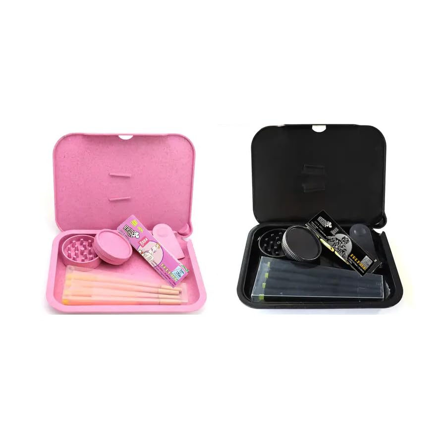 Biodegradable Rolling Tray with Lid & King Size Grinder - Premium Smoking Kit with Rolling Papers | Perfect Gift for Smokers (Pink) - Ideal for Home Use, Travel & Outdoor Activities