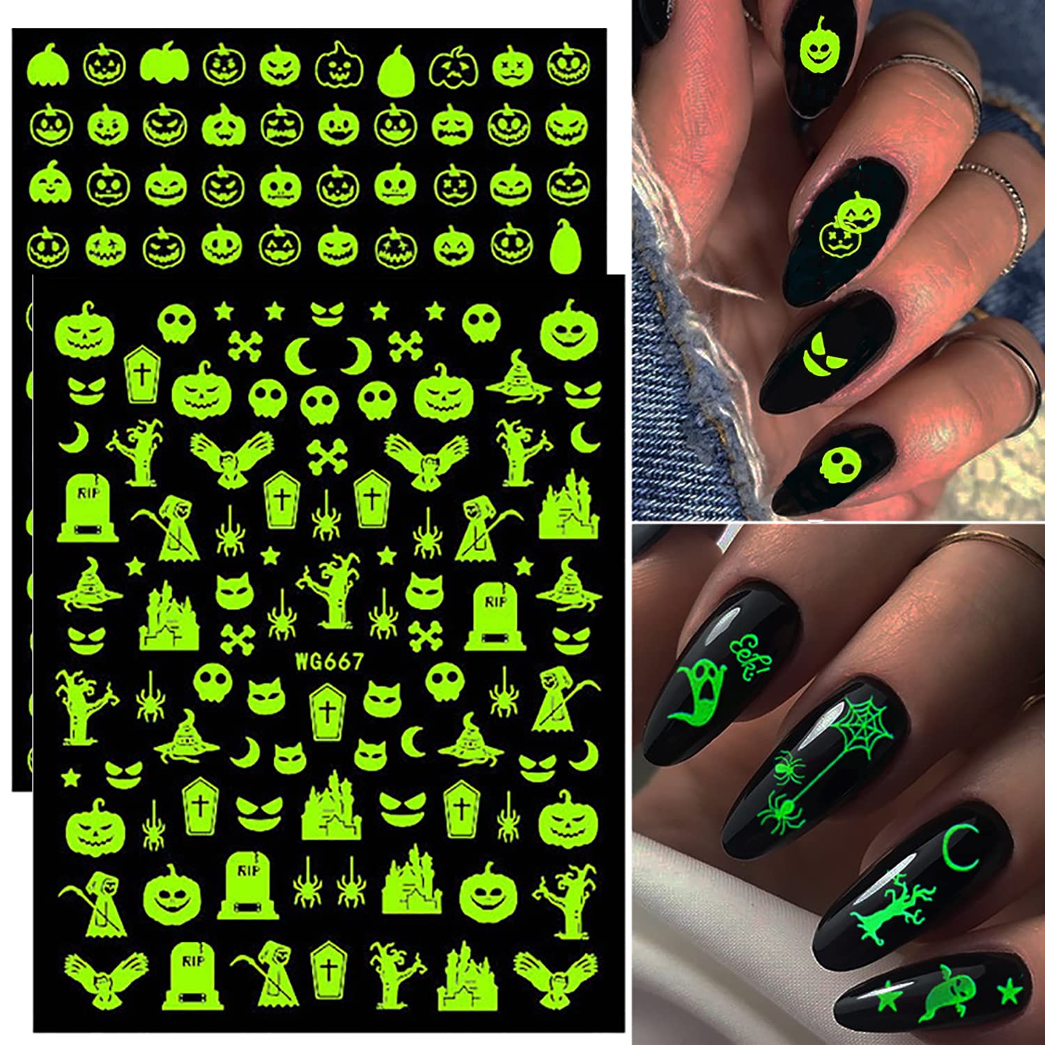 3D Halloween Nail Stickers - Glow in The Dark Skull Ghost Bat Self-Adhesive Nail Art Decals for Women, Girls & Kids (6Pcs) - Perfect for Halloween Parties, Nail Art Designs & DIY Nail Decorations