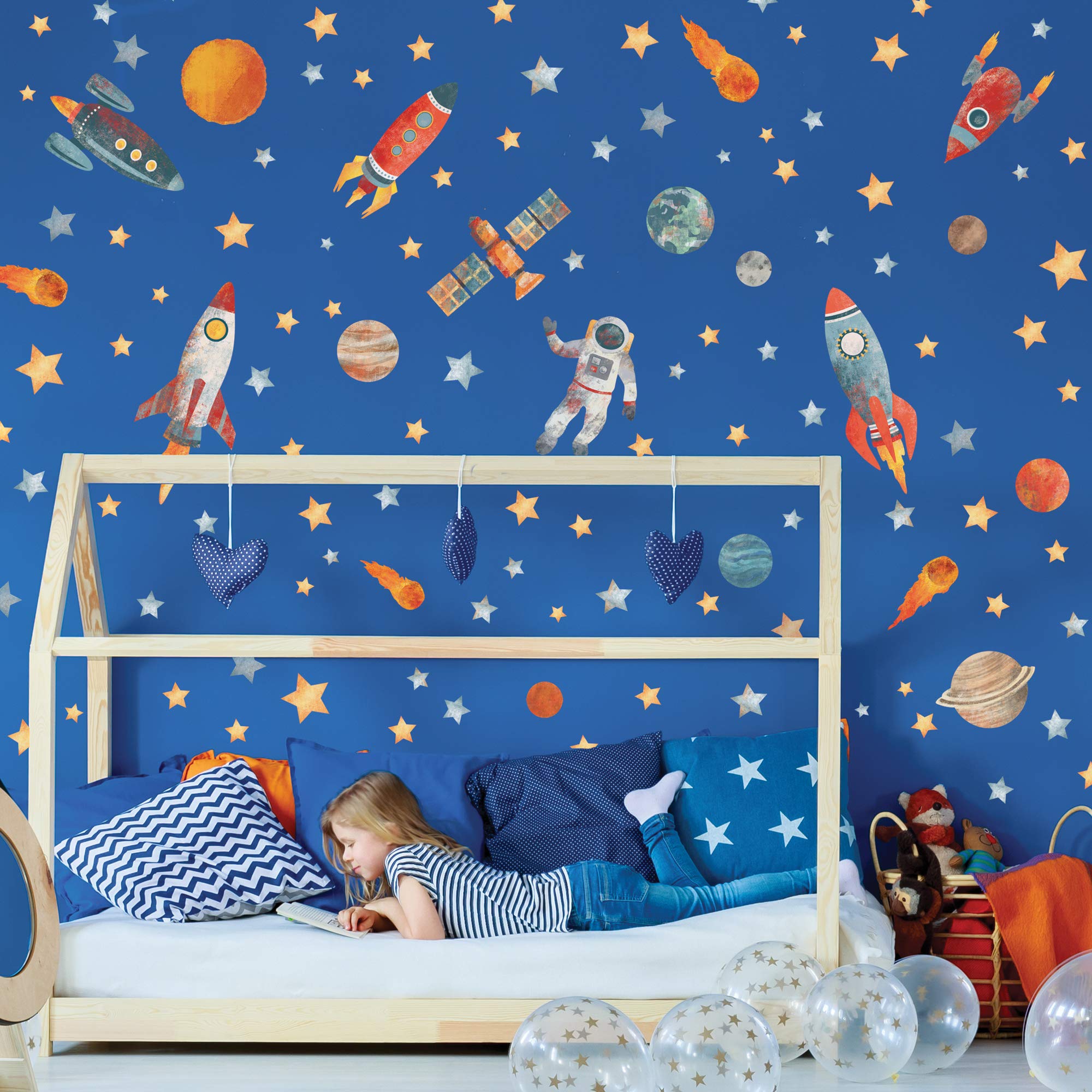 Spaceship Wall Decals - Outer Space & Planet Wall Stickers - Removable Eco-Friendly Rocket & Star Decals for Kids Room & Nursery Decor