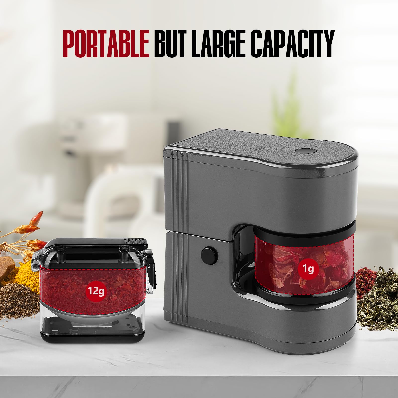 Electric Herb Grinder - Portable 1g Capacity with LED Lights & 1800mAh Battery - Includes 12g Storage Box (Grey) - Perfect for Kitchen, Travel & Outdoor Cooking