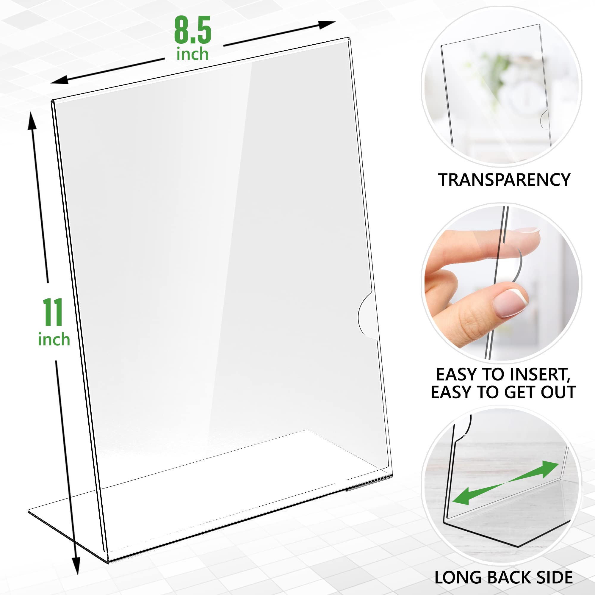 5 Pack Clear Acrylic Sign Holders 8.5x11 Inches - Vertical Slanted Back Plastic Stands for Flyers, Menus, Documents - Perfect for Restaurants, Retail Stores & Office Displays