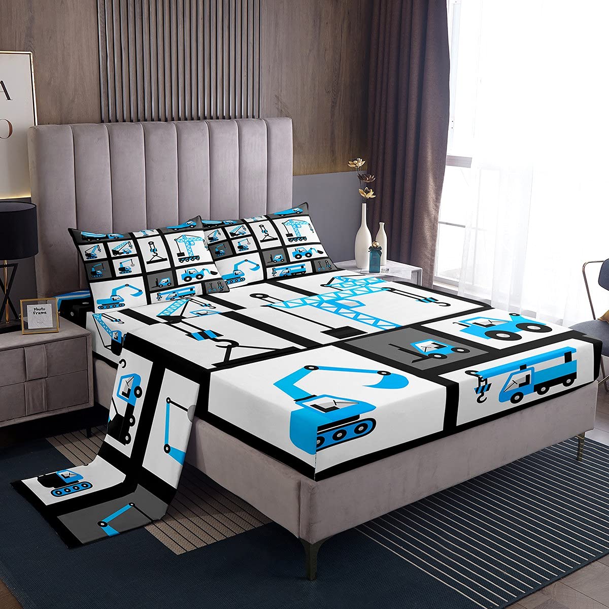 Feelyou Boys Construction Theme Bed Sheet Set - Kids Cartoon Machinery Truck Bedding, Blue Queen Size with 2 Pillowcases | Perfect for Boys' Room Decor, Construction-Themed Bedrooms & Kids' Sleepovers
