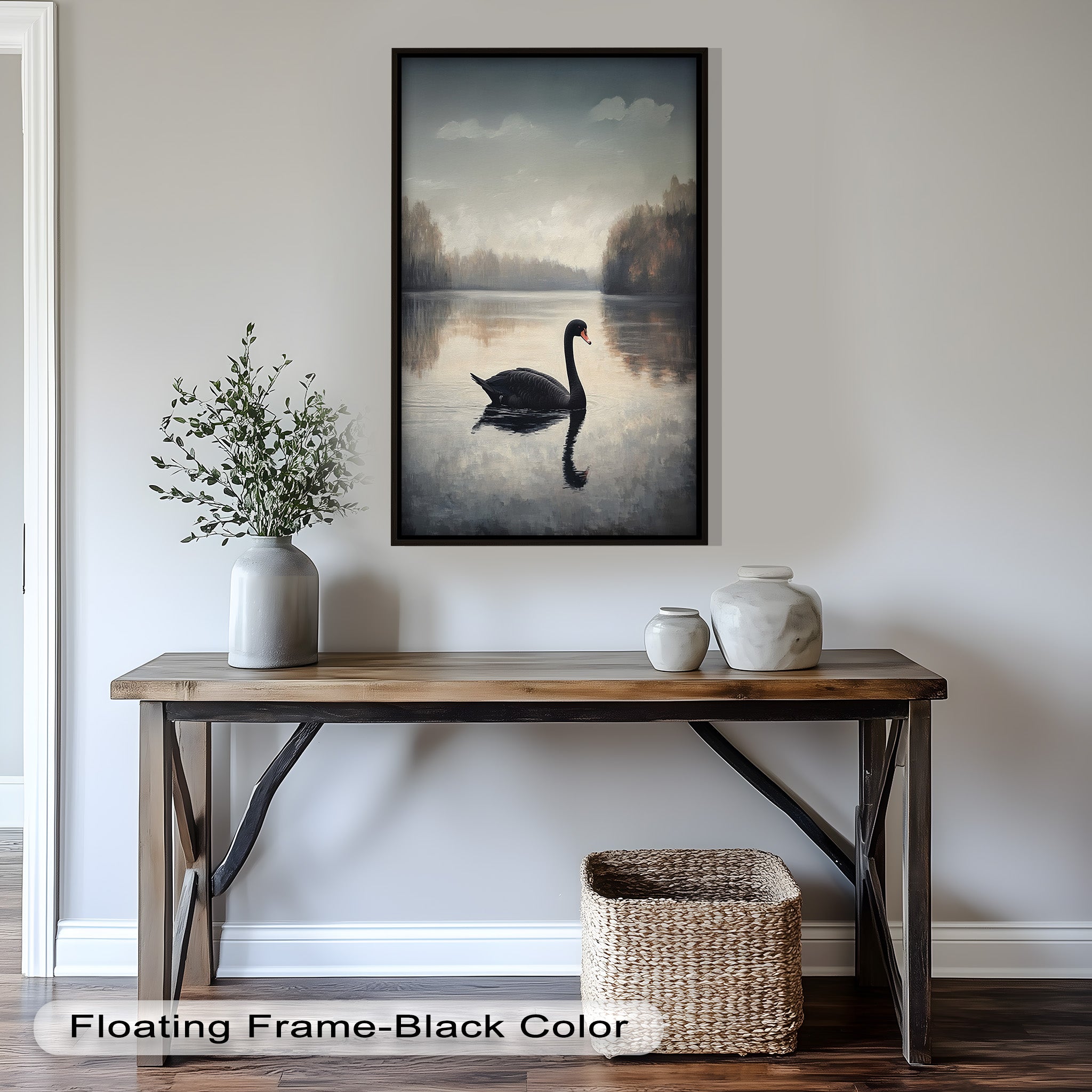 Black Swan at Dusk - Hand Painted Lake Landscape Oil Canvas Artwork - Perfect for Living Room, Bedroom, or Office Wall Decor