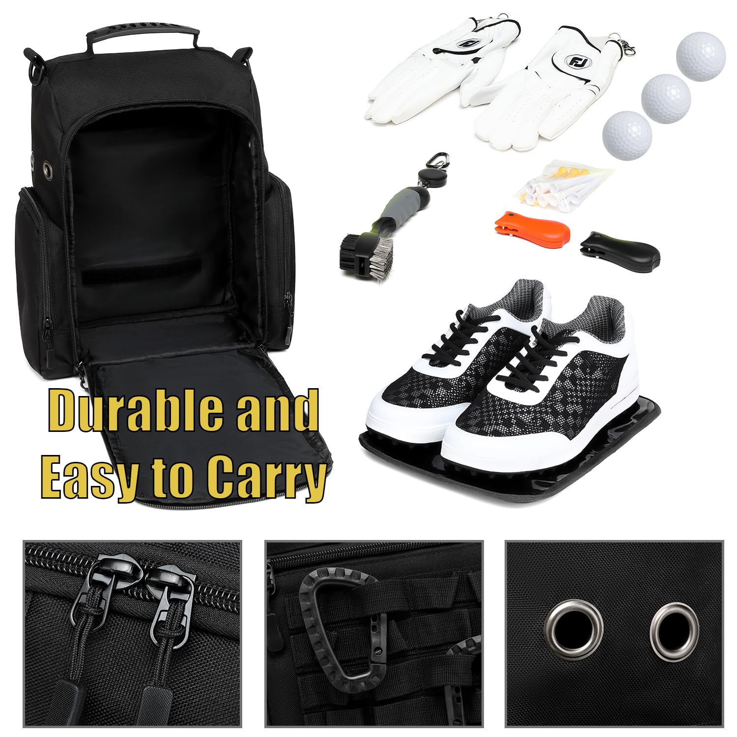 Premium Zippered Golf Shoe Bag with Ventilation & Multiple Pockets - Waterproof Travel Shoe Carrier for Golf Clubs & Accessories (Black) - Ideal for Golf Tournaments, Travel & Gym Storage