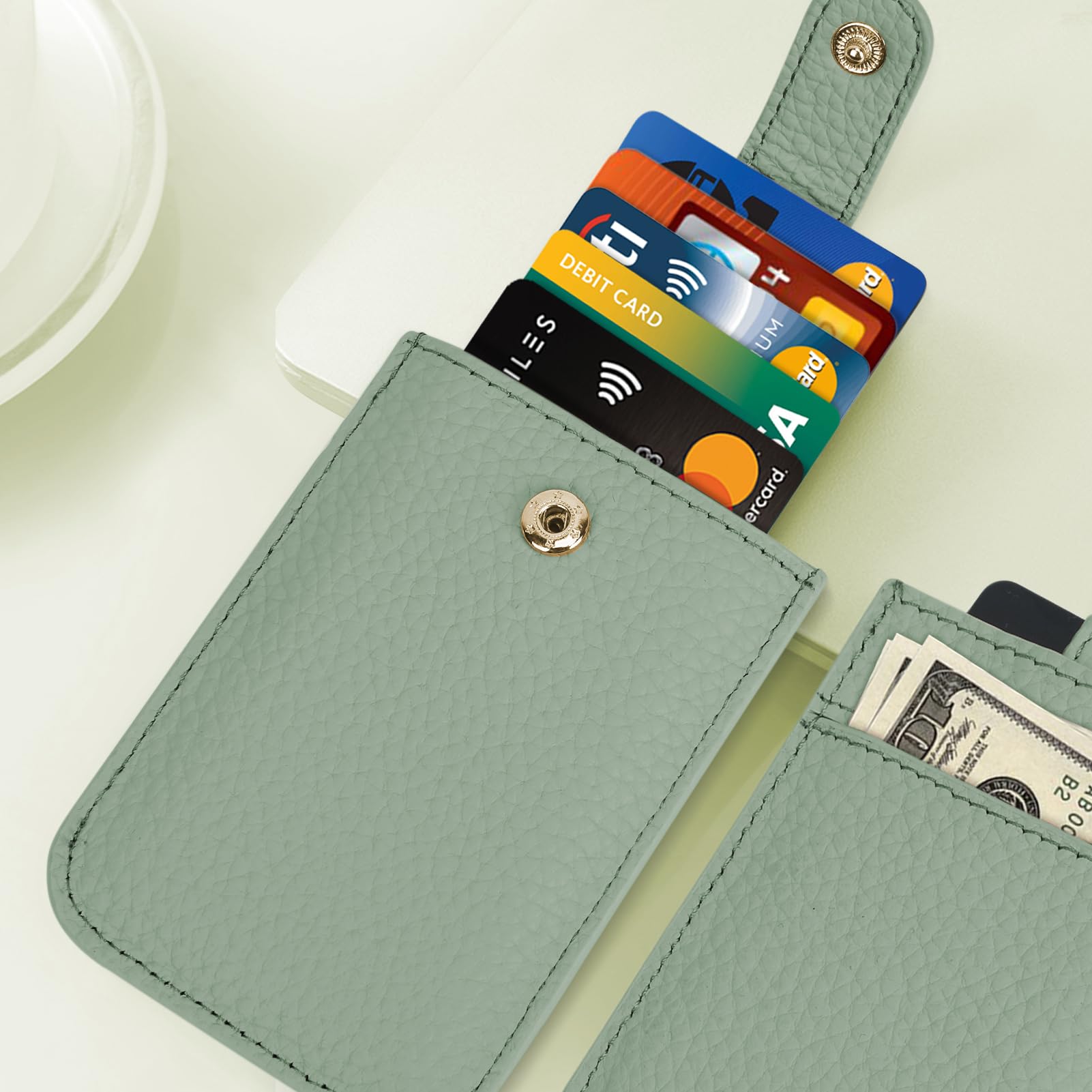 Unaone Slim Minimalist RFID Blocking Wallet - Soft Leather Front Pocket Card Holder for Men & Women | Pull-Out Card Organizer with 12 Card Slots | Perfect for Travel, Work & Everyday Use (Green)