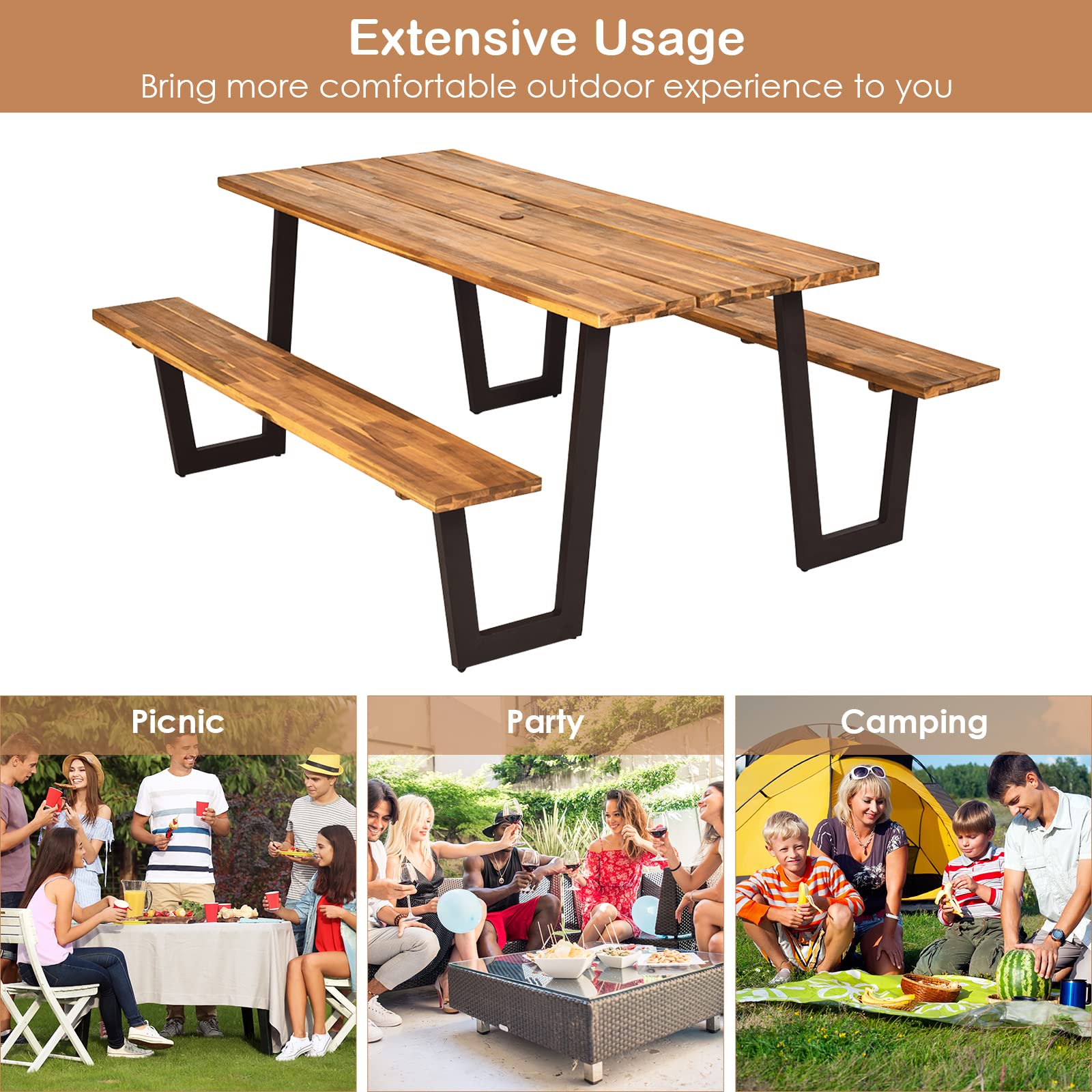 HAPPYGRILL 7-Piece Outdoor Picnic Table Set with Wooden Top & Rust-Resistant Steel Frame, Patio Dining Bench Set with Umbrella Hole for Garden Backyard BBQ Party, Camping and Outdoor Entertaining