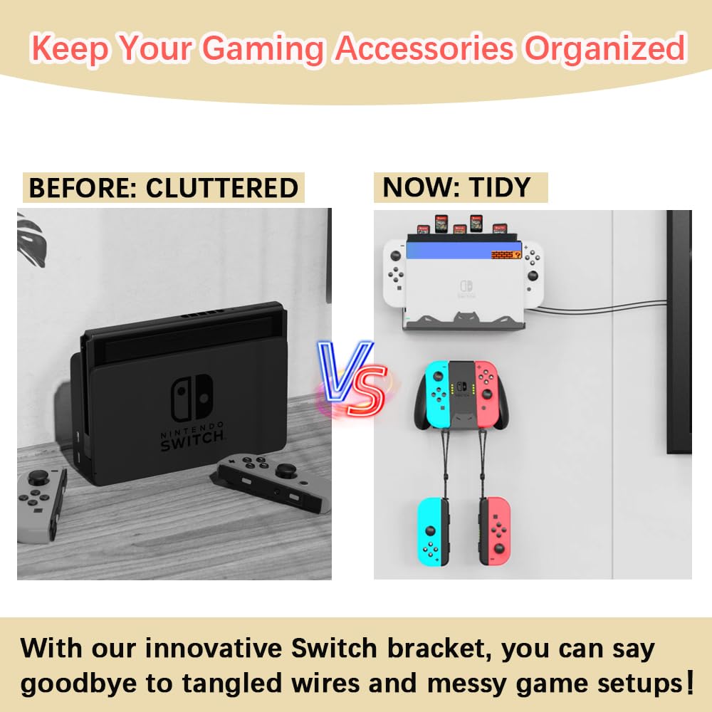 Nintendo Switch & Switch OLED Wall Mount Kit - Steel Bracket with 5 Game Card Holder & Joycon Controller Holder | Secure TV Wall Mount for Gaming Setup & Space Saving