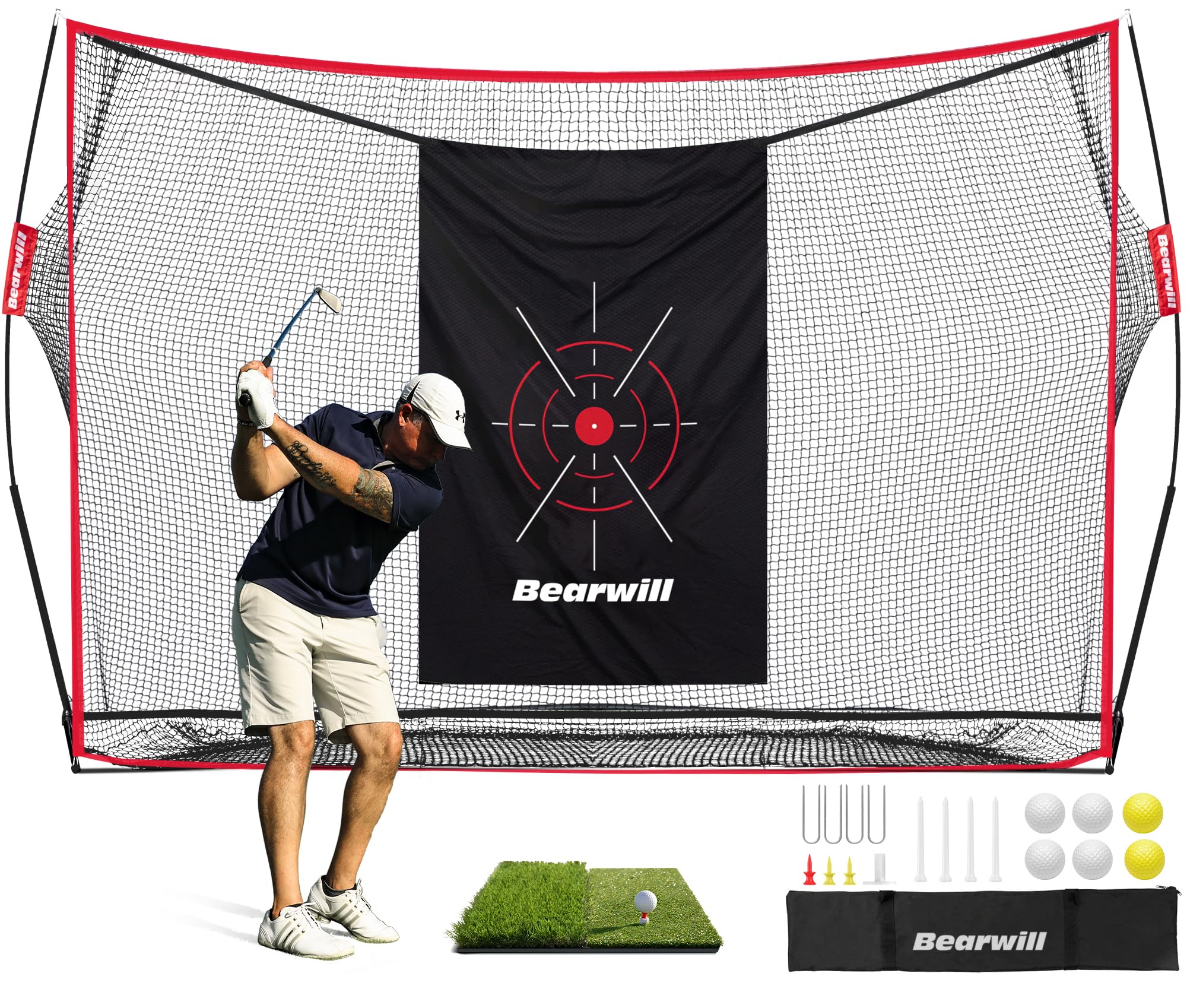 10x7ft Heavy Duty Golf Practice Net with Mat, Target Cloth, 8 Tees & 6 Balls - Portable Backyard Driving & Chipping Training for Indoor/Outdoor Use | Perfect for Home, Garage & Golf Course Practice
