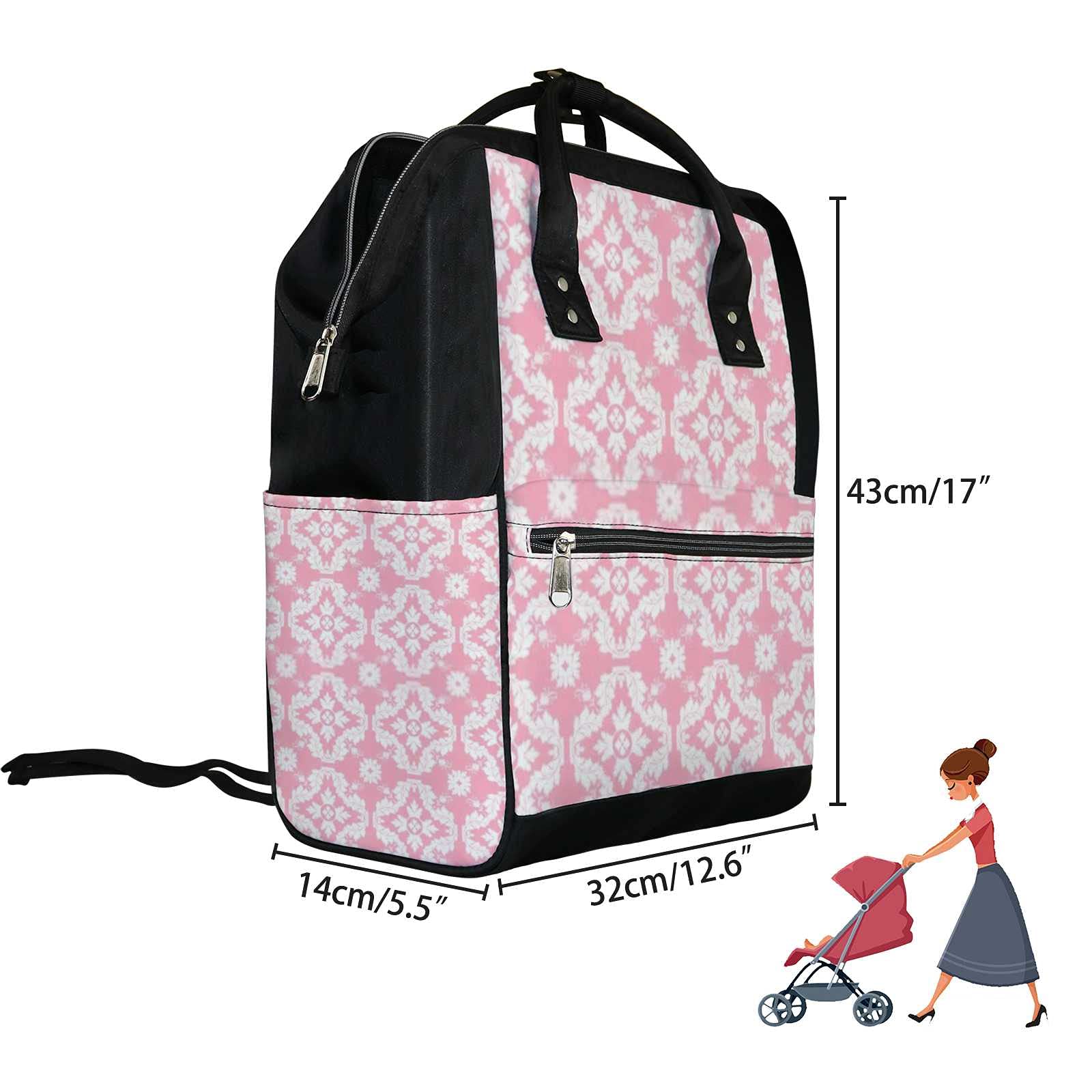 **Pink & White Damask Diaper Backpack - Large Capacity Waterproof Baby Bag for Moms, Nursing & Travel | Perfect for Daycare, Outings & Family Trips**