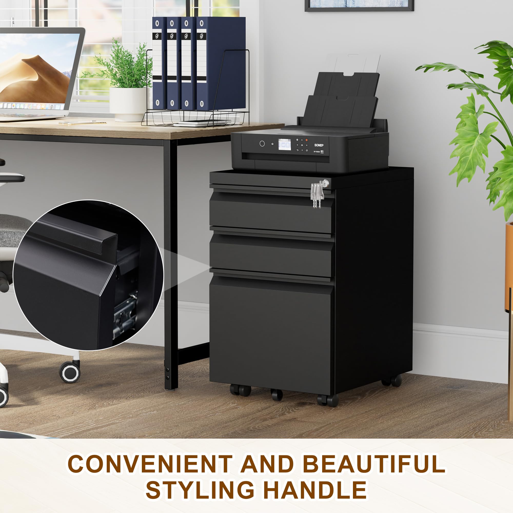 Metal Mobile File Cabinet with Lock & 4 Keys - Fully Assembled 3-Drawer Under Desk Storage for Home Office, Anti-Tilt Wheels, A4/Legal/Letter Hanging Files - Perfect for Document Organization in Small Spaces & Office Mobility
