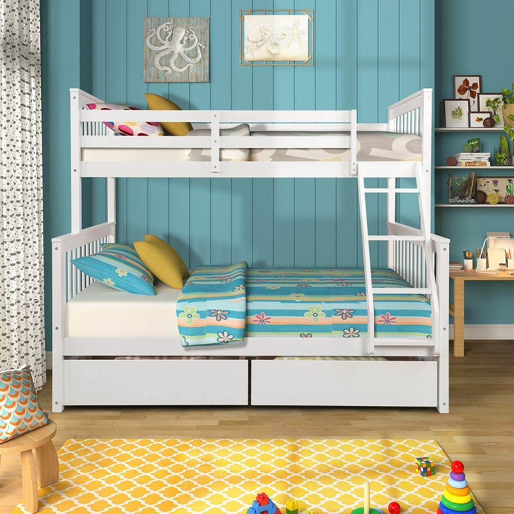 Rhomtree Twin Over Full Bunk Bed for Kids & Teens - Wooden Bed Frame with 2 Storage Drawers, Mattress Foundation - Space-Saving Solution for Boys & Girls Bedrooms (White) - Perfect for Small Rooms, Sleepovers & Shared Kids' Spaces