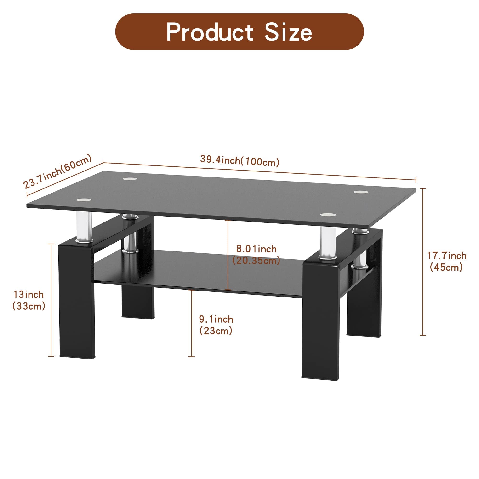 IANIYA Modern Rectangle Tempered Glass Coffee Table with Sturdy Metal Legs - All Black End Table for Living Room, Lounge & Office - Perfect for Home Decor, Entertaining & Small Space Furniture