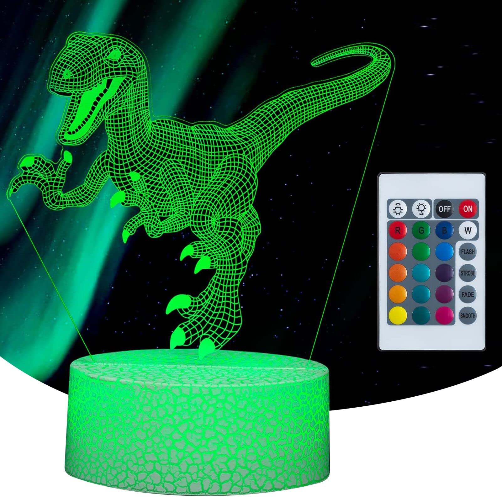 Anfuze 3D Dinosaur Night Light - 16 Color Changing T-Rex Illusion Lamp with Touch & Remote Control, Dinosaur Toys for Kids Boys, Cool Dinosaur Gifts for Bedroom Desk Decor - Perfect for Night Lights, Kids Room Decor, Birthday Gifts and Dinosaur Theme Parties