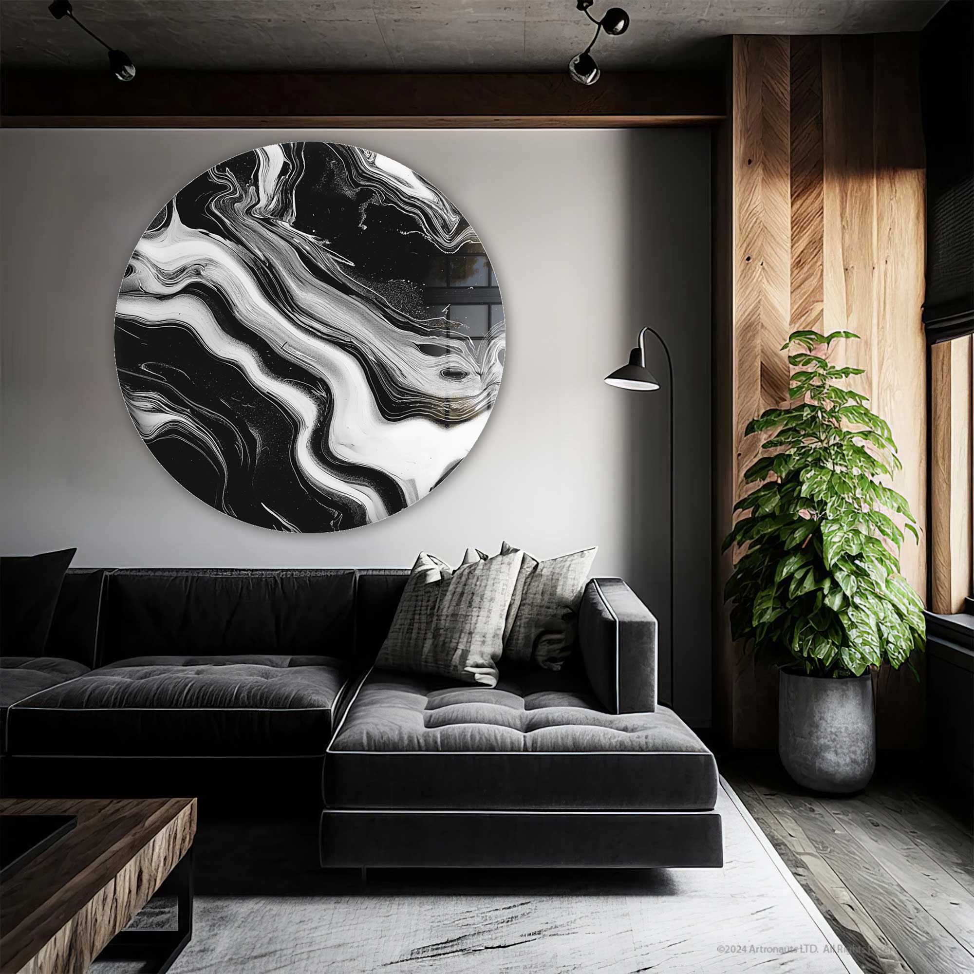 Stylish Noir Waves Rounded Glass Wall Art - Modern Home Decor for Living Room, Bedroom & Office