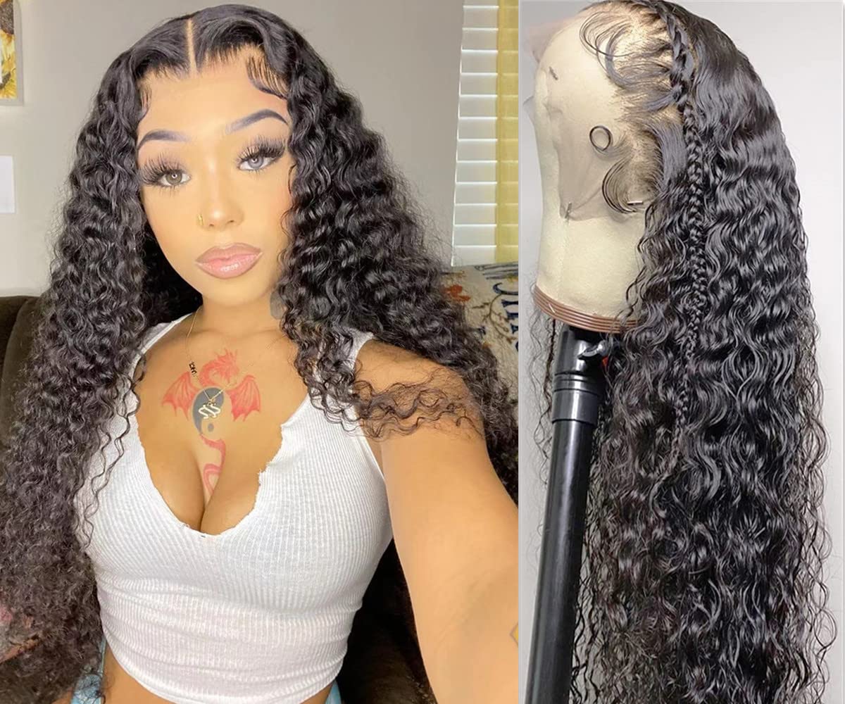 Deep Wave Lace Front Human Hair Wig for Black Women - 150% Density Curly Wet & Wavy Wig with Pre-plucked Baby Hair - 13x4 Lace Closure in Natural Black (28 Inch) - Perfect for Daily Wear, Special Occasions & Protective Styling