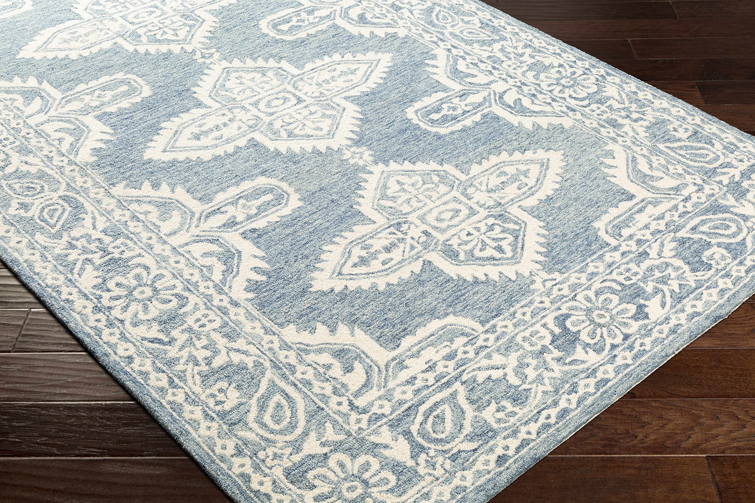 Hauteloom Passaic Wool Area Rug 9' x 12' - Bohemian Global Design in Blue & Beige - Soft Living Room Rug, Bedroom Carpet for Cozy Home Decor - Perfect for Family Rooms, Dorm Spaces & Bohemian Style Interiors