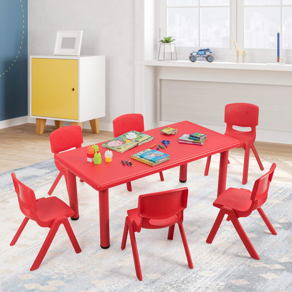DORTALA Kids Daycare Table and Chairs Set - 6 Pcs Stackable Plastic Chairs with 48