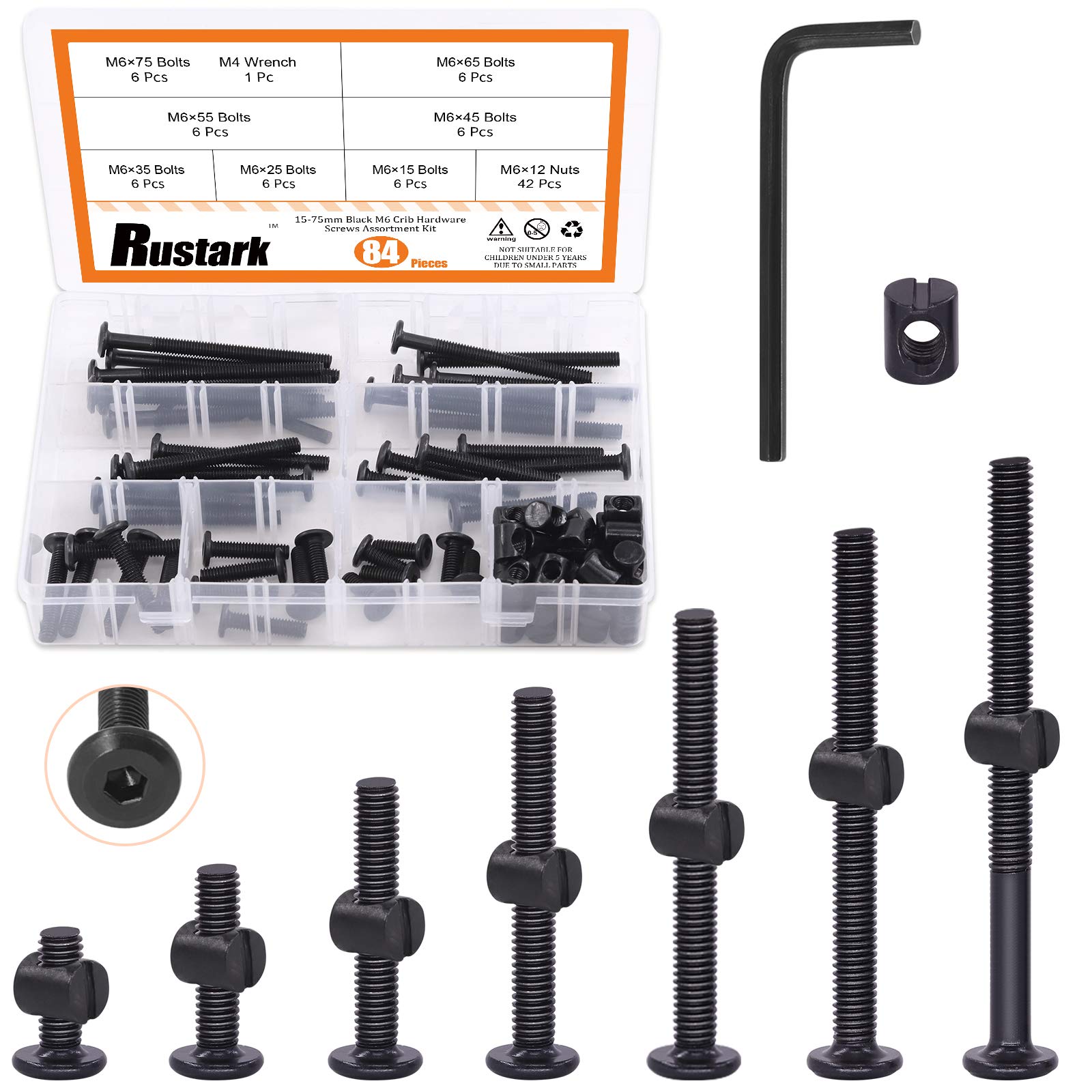 Rustark 84 Pcs M6 Hex Socket Cap Bolts Kit - Black Barrel Nuts Assortment with Hex Key for Baby Cribs, Furniture & Beds