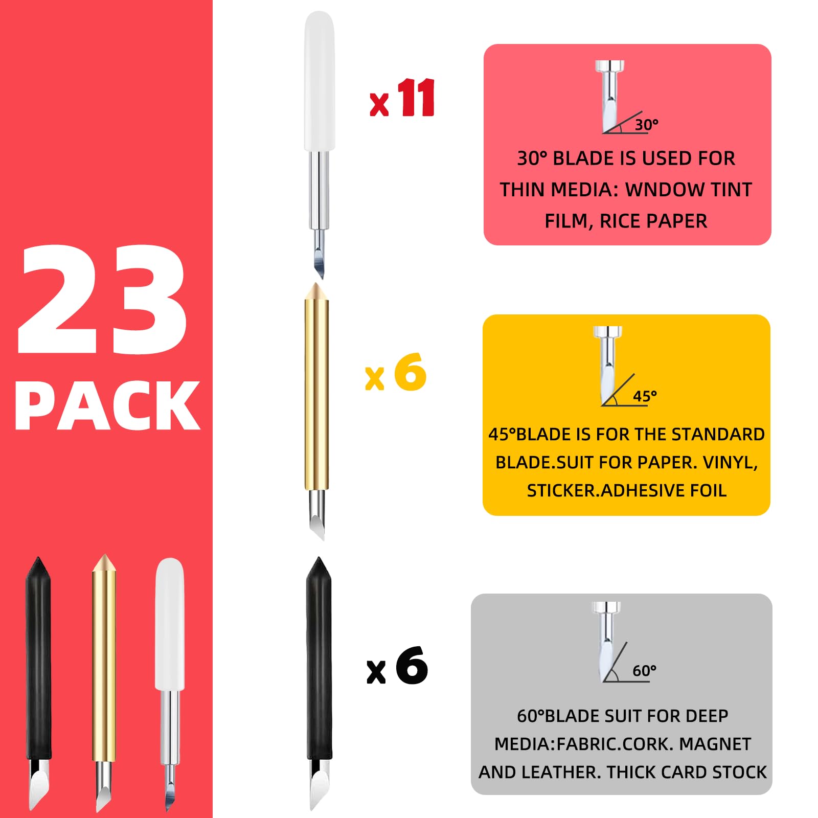 23 Pcs Replacement Blades for Cricut Maker 3/Maker/Explore 3/Explore Air 2/Air/One/Venture - Includes 11PCS 30° Standard Blades, 6PCS 45° Fine-Point Blades & 6PCS 60° Deep Cutting Blades - Perfect for DIY Crafts, Vinyl Cutting, and Paper Projects