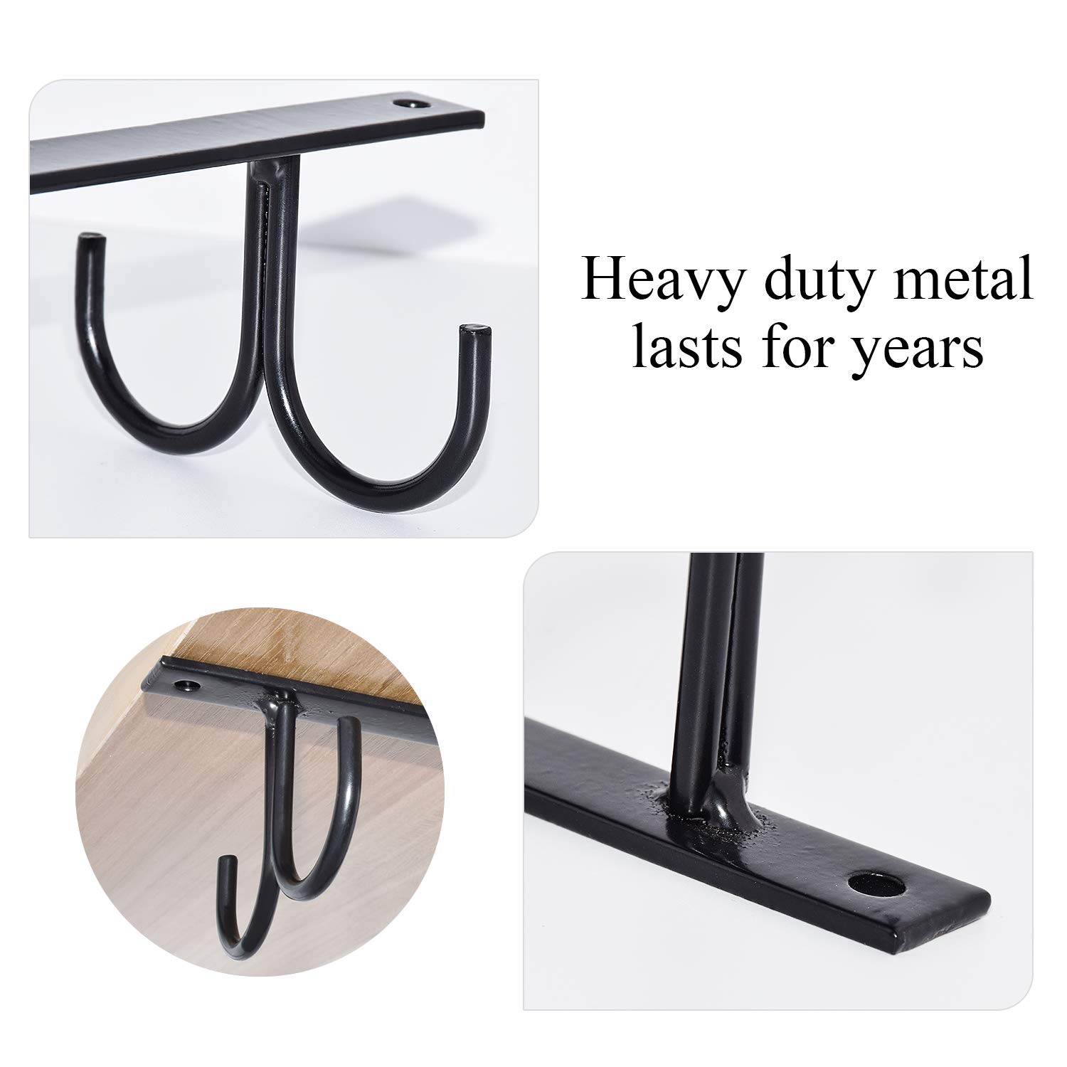 Rustic Under Cabinet Mug Rack - 2 Pack Black Cup Holder with 8 Hooks for Mugs, Coffee Cups & Kitchen Utensils - Space Saving Shelf Organizer for Kitchen, Office or Coffee Shop Display