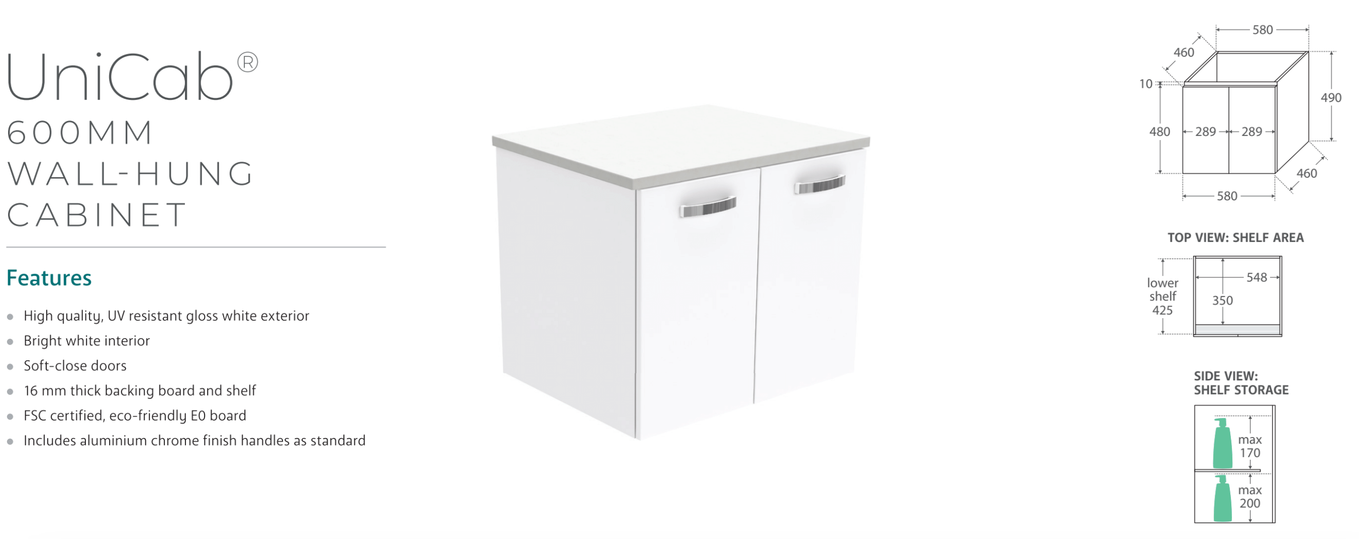 Fienza VAN60J Vanessa 60-Inch Wall Mounted Bathroom Vanity with Sink - Gloss White Finish for Modern Bathroom Decor | Perfect for Small Spaces & Contemporary Homes