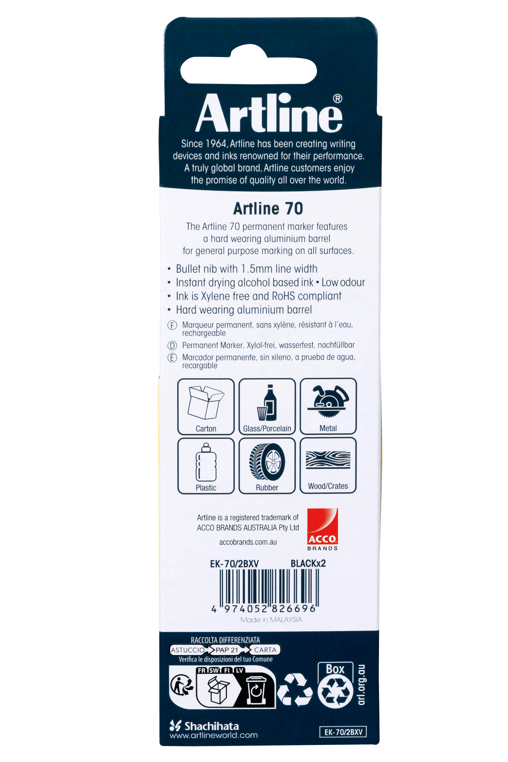 Artline 70 Permanent Marker Bullet Tip Black 2-Pack - Waterproof & Fade-Resistant Markers for Office, School & Craft Projects