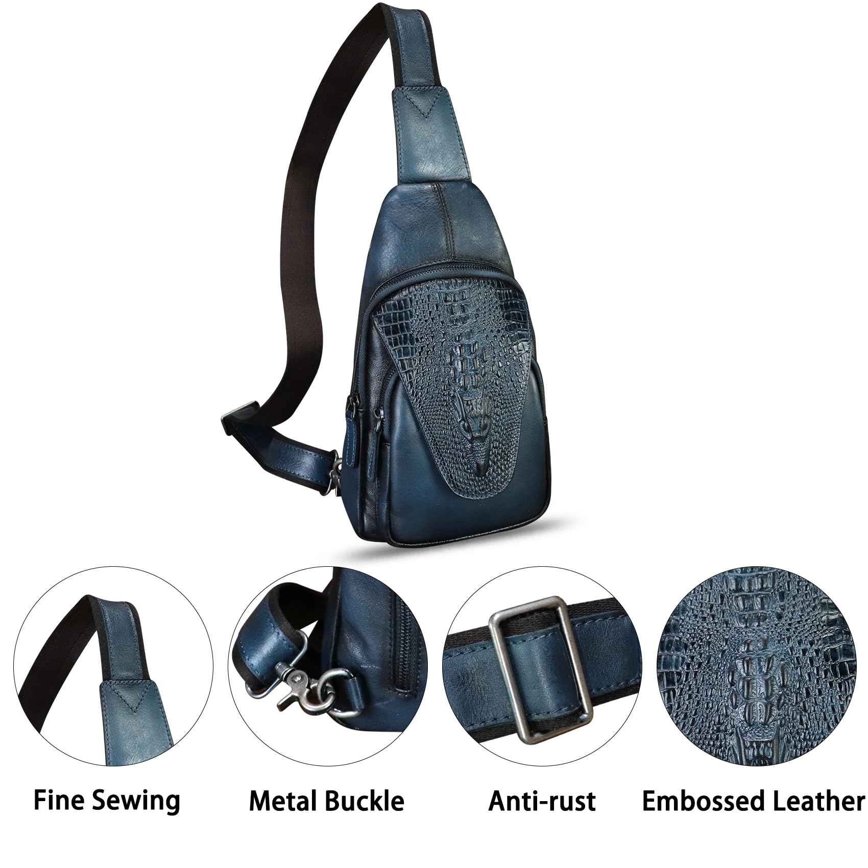 Genuine Leather Sling Bag for Men & Women - Embossed Crocodile Pattern Crossbody Backpack, Handmade Chest Purse Daypack (Navy Blue) | Perfect for Travel, Work & Everyday Use