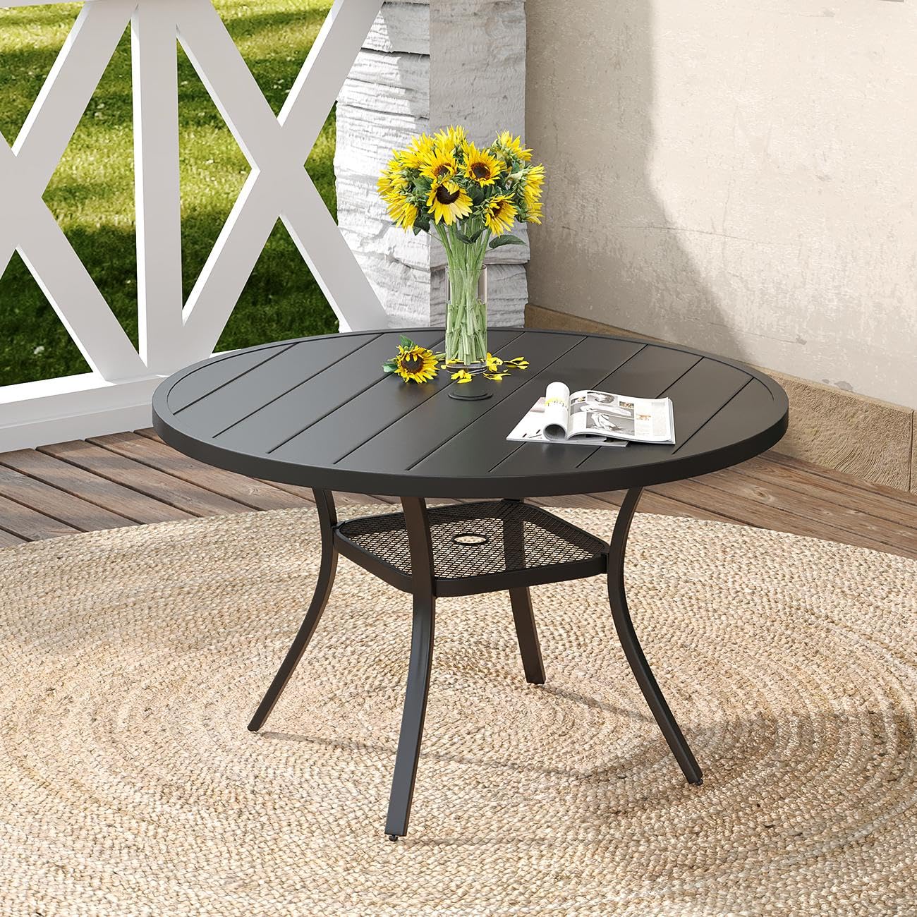 DIFY 4-Person Round Outdoor Dining Table with Umbrella Hole - Weatherproof Patio Table for Garden, Backyard, Porch & Balcony - Perfect for BBQs, Poolside Dining & Outdoor Entertaining (Black)