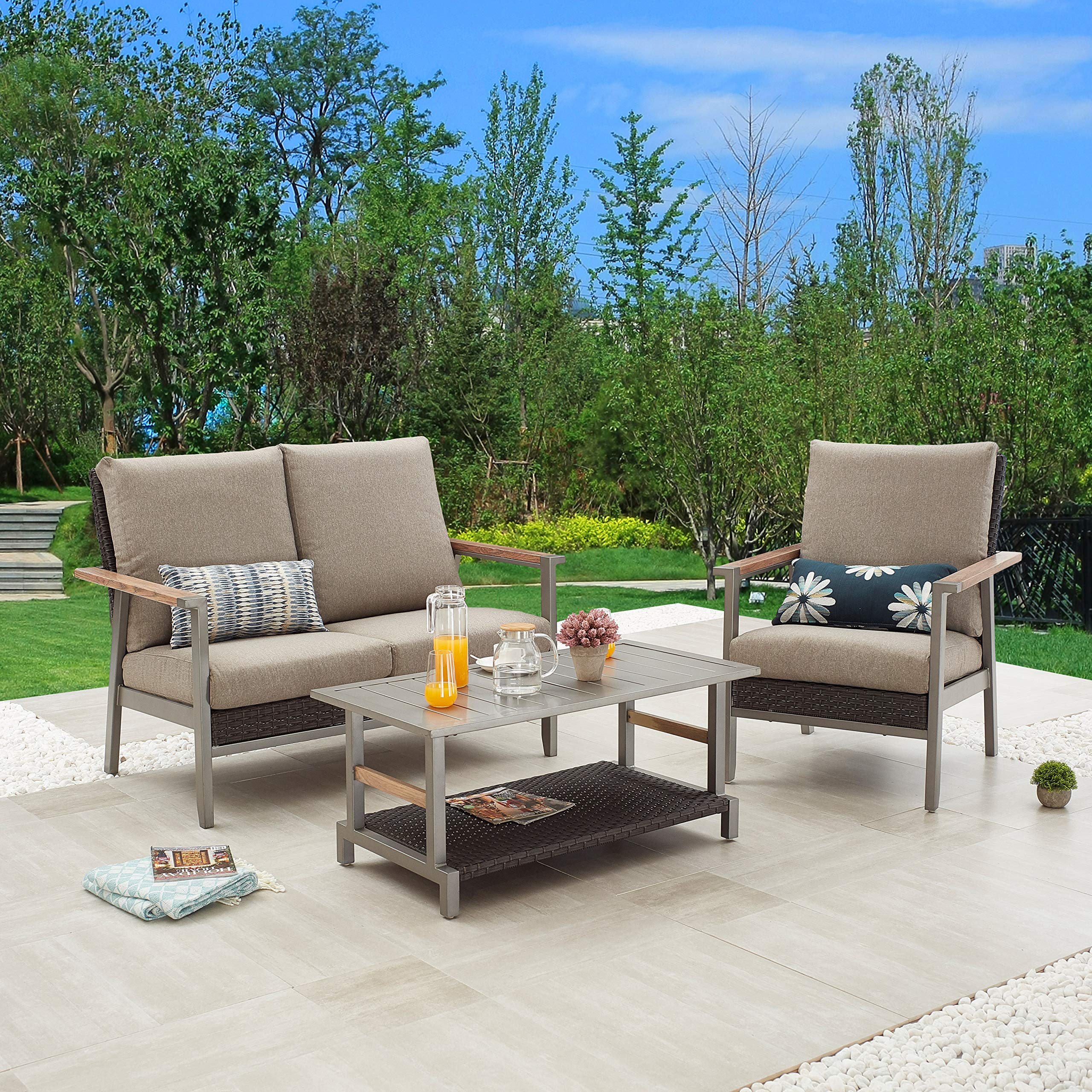 LOKATSE HOME 3-Piece Patio Outdoor Furniture Set - All-Weather Wicker Loveseat & Sofa Chair with Removable Cushions & Coffee Table - Brown - Perfect for Garden, Backyard, Poolside & Balcony Relaxation