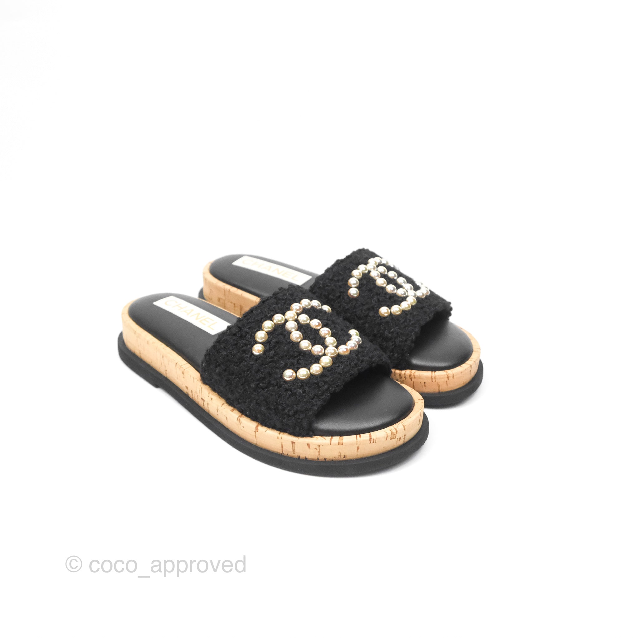 Chanel CC Logo Black Tweed Cork Mule Sandals Size 36 - Luxury Comfort for Summer Outings & Beach Vacations