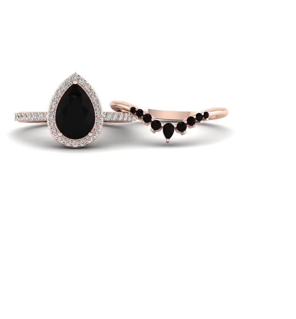 3 Ct Pear Cut Onyx Black Diamond Solitaire Halo Engagement Ring with V-Shaped Wedding Band Set for Women - 925 Sterling Silver Rose Gold Finish | Bridal Jewelry, Anniversary Gift, Proposal Ring