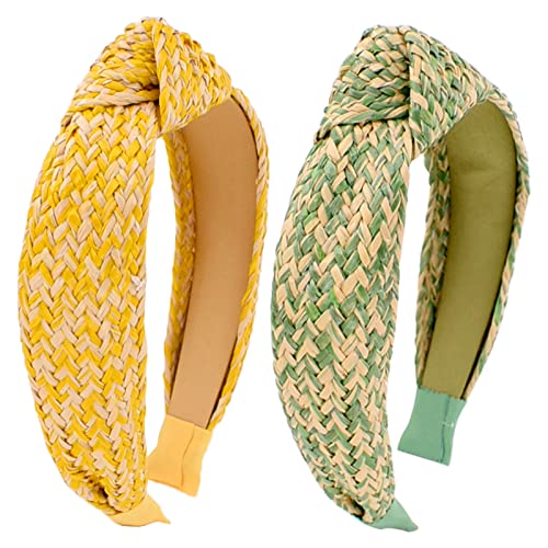 BEGOOD Women's Knotted Headband Set - 2PCS Raffia Turban Headbands in Green & Yellow, Fashionable Wide Headband for Girls & Women, Perfect for Summer, Beach, Yoga, and Casual Outfits