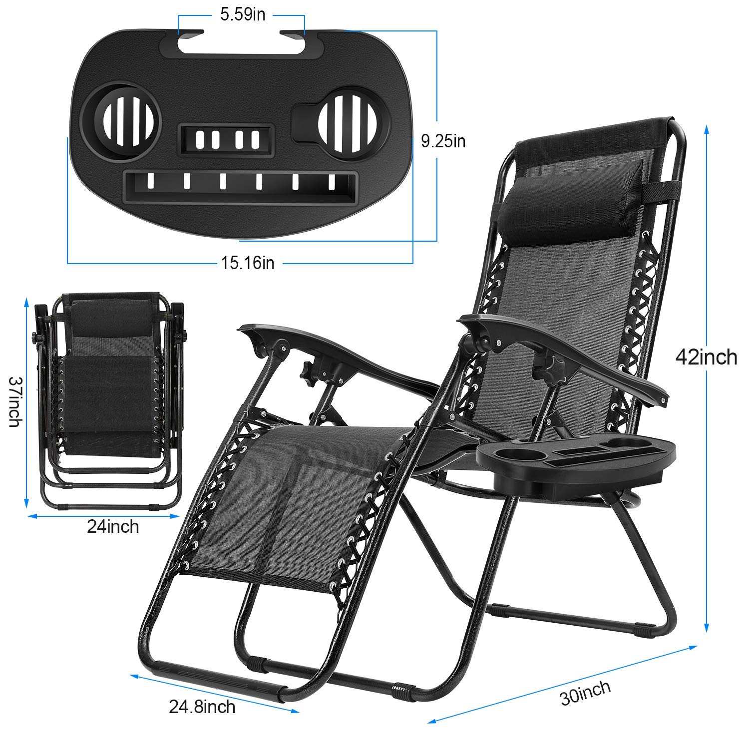 iMounTEK Set of 2 Adjustable Zero-Gravity Reclining Outdoor Lounge Chairs with Pillows & Cup Holder Side Tray - Supports 330lbs - Patio, Porch, Deck, Poolside, Beach, Lawn, Yard Furniture - Black/Blue/Brown/Tan - Perfect for Relaxing, Sunbathing, and Outdoor Lounging