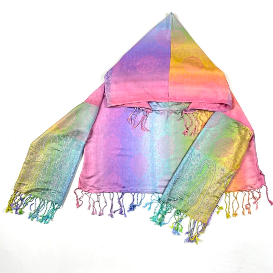 Pastel Rainbow Pashmina Long Sleeve Crop Top for Women - Soft & Comfortable Summer Fashion - Perfect for Beach, Music Festivals & Casual Outings