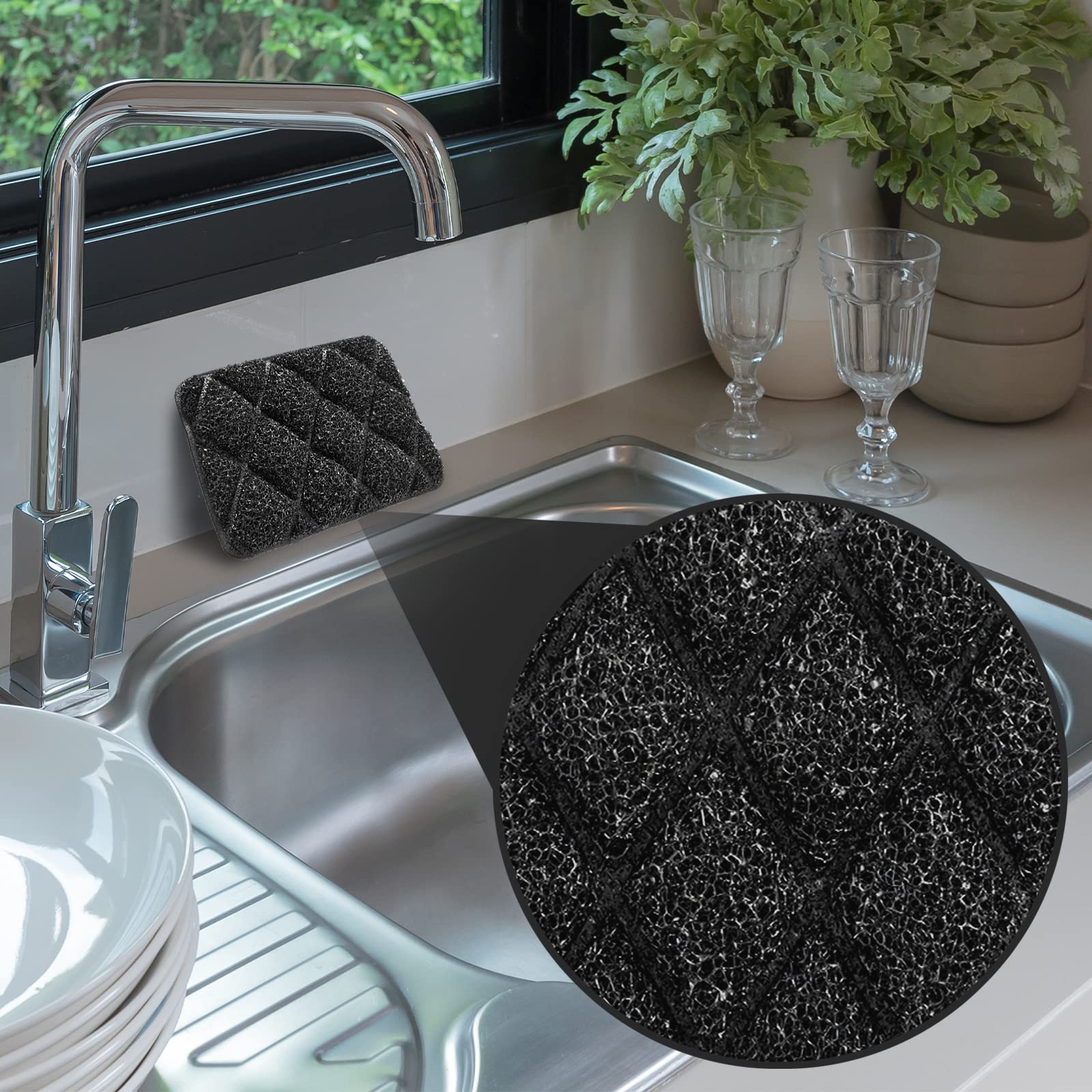 Belhope Premium Black Kitchen Sponges - 4 Pack Heavy Duty Dish Sponges with Scrubbers for Washing Dishes, Pots & Pans | Durable Cleaning Sponges for Kitchen, Sink & Household Cleaning