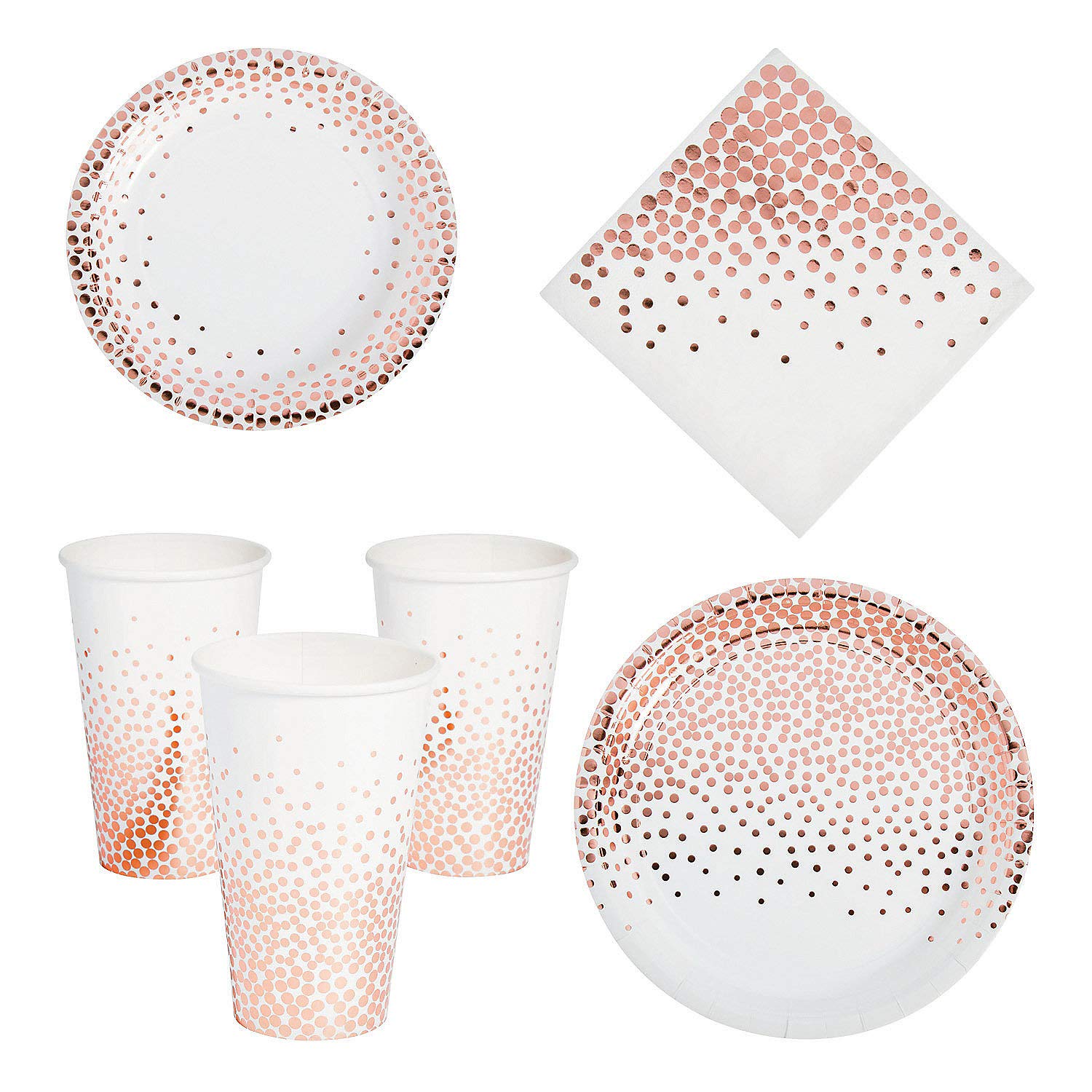 24-Piece Rose Gold Polka Dot Tableware Set - Elegant Dinnerware for Parties, Weddings & Events - Includes Plates, Cups, Utensils & Napkins - Perfect for Birthday Celebrations, Bridal Showers & Special Occasions