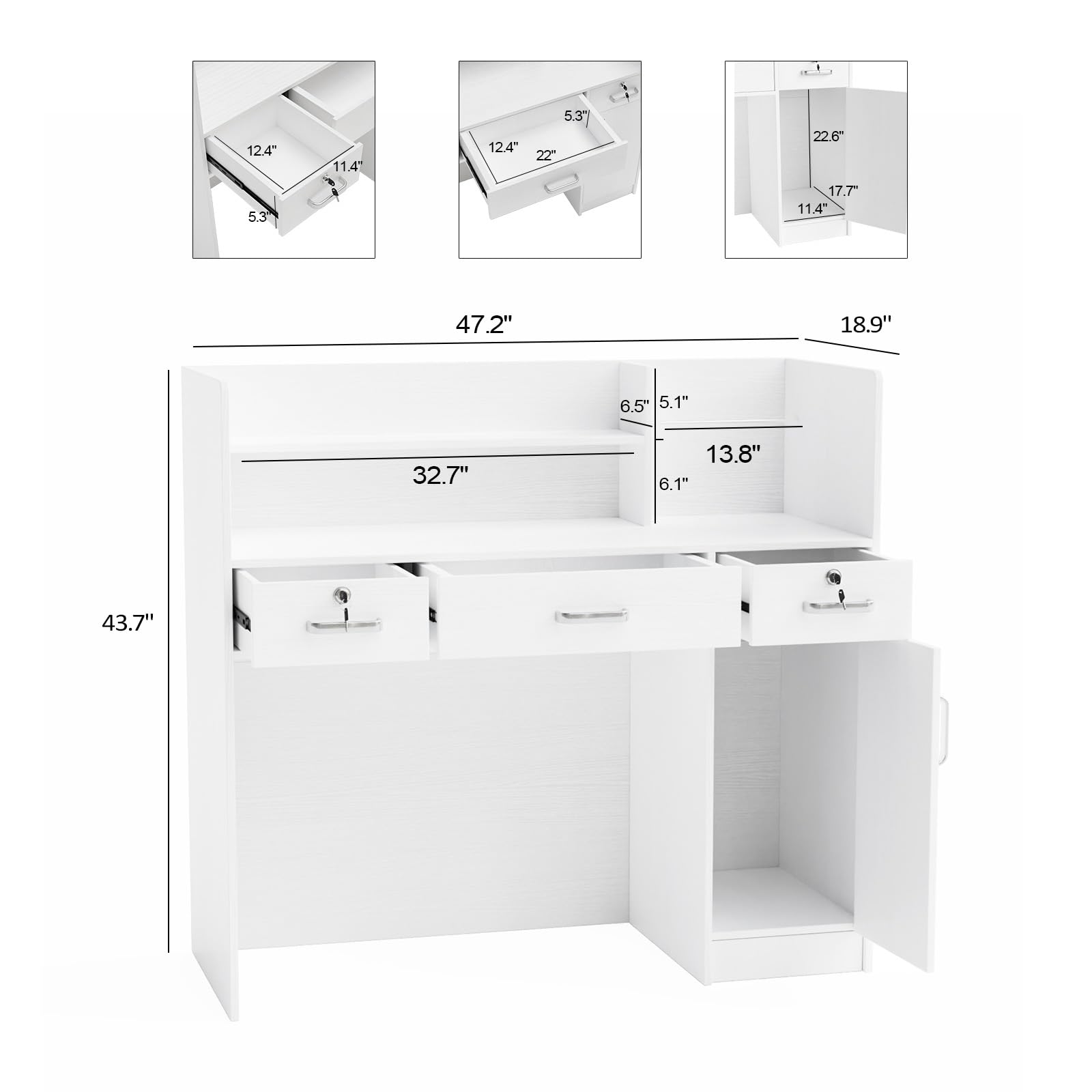 LEADZM H-Shaped Reception Desk with Counter - Lockable Drawers & Adjustable Shelf - White Office Front Desk for Beauty Salon, Retail Store & Business Checkout Counter - Perfect for Customer Service Areas, Waiting Rooms & Professional Workspaces