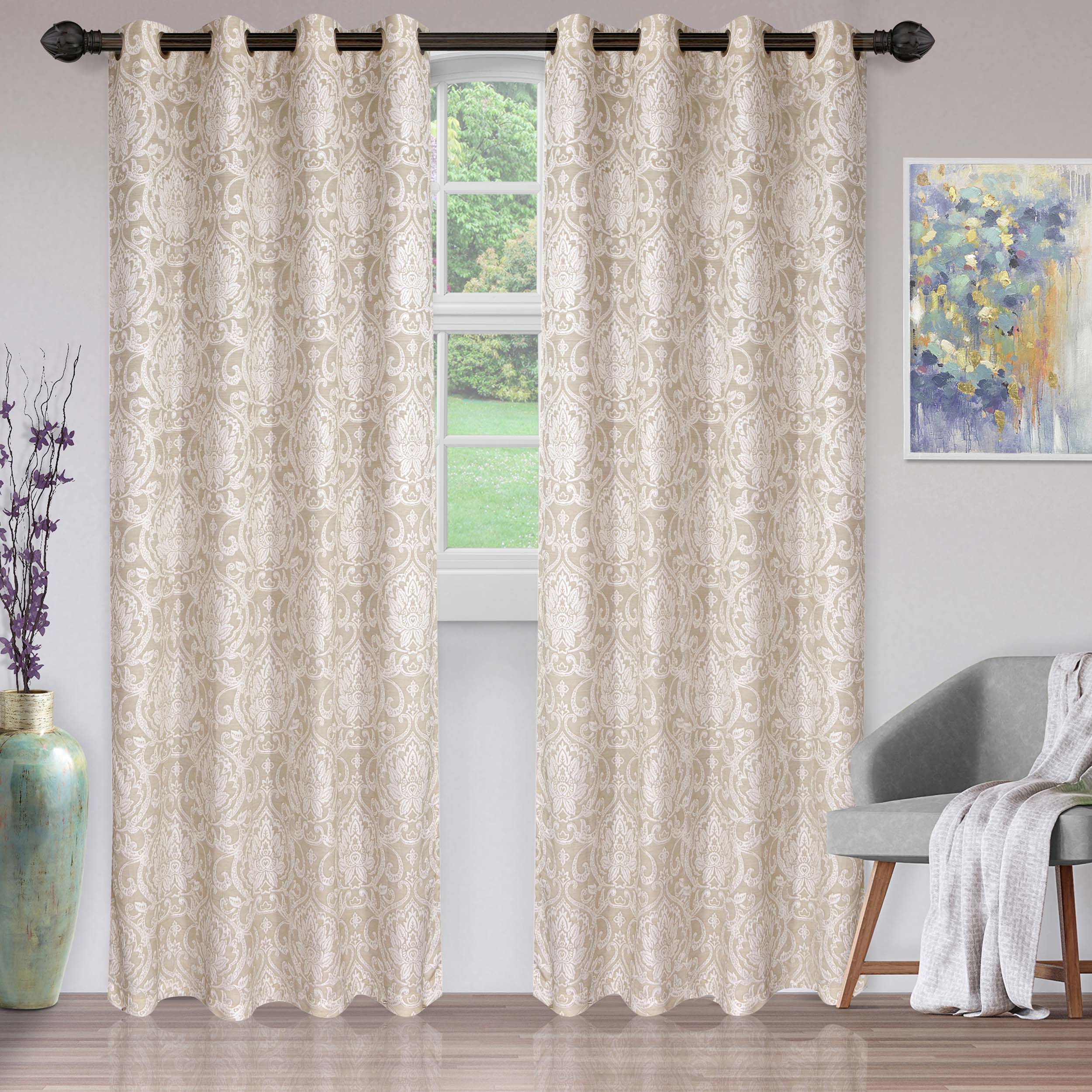 Lotus Jacquard Floral Damask Curtain Set - Elegant Window Treatments for Living Room, Bedroom & Dining Room - Blackout Curtains with Luxury Floral Pattern - Perfect for Home Decor & Light Control