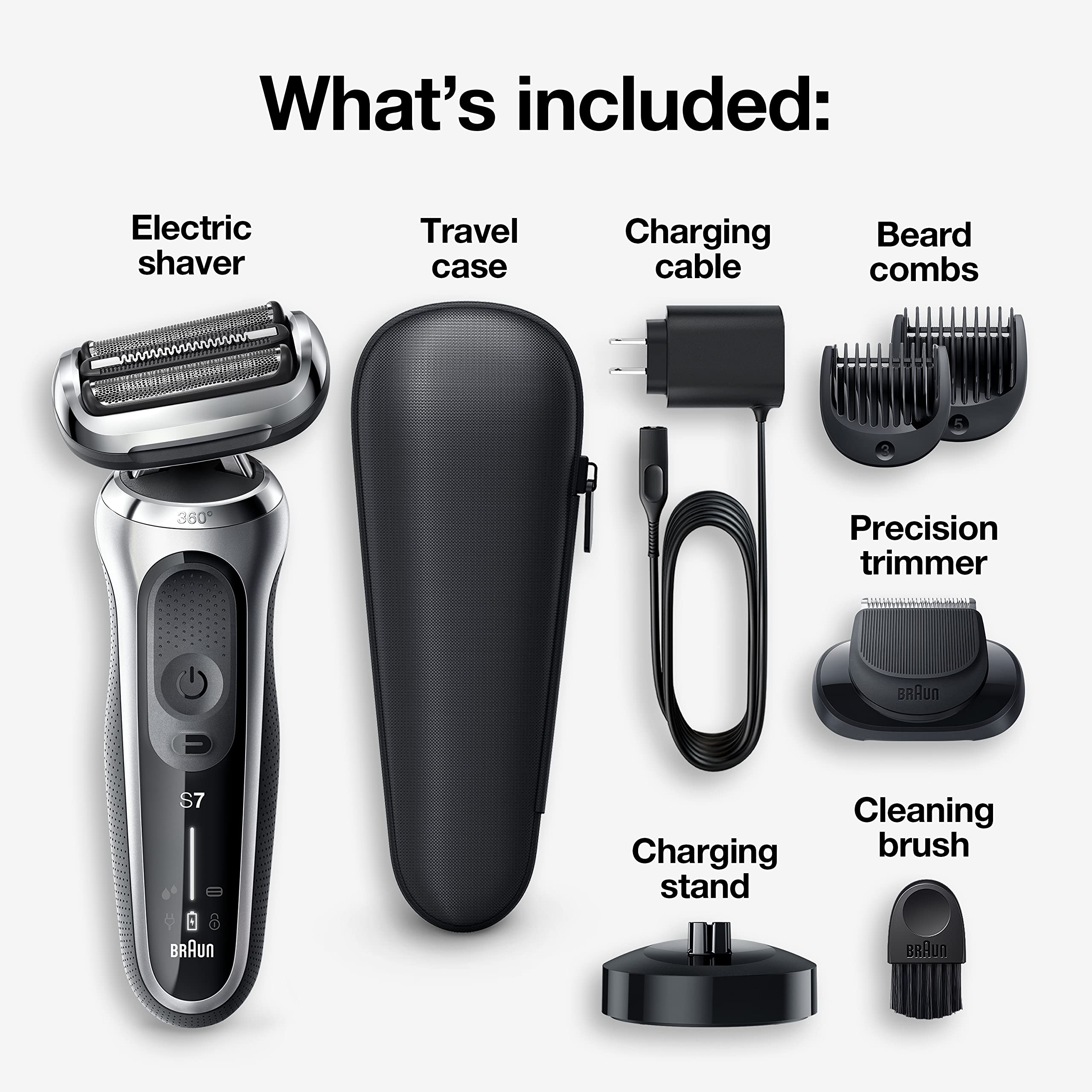 Braun Series 7 7027cs Men's Electric Shaver - Waterproof Foil Shaver for Wet & Dry Shaving with Beard Trimmer - Rechargeable Razor with Charging Stand & Travel Case (Silver Black) - Perfect for Home Use, Travel & Daily Grooming