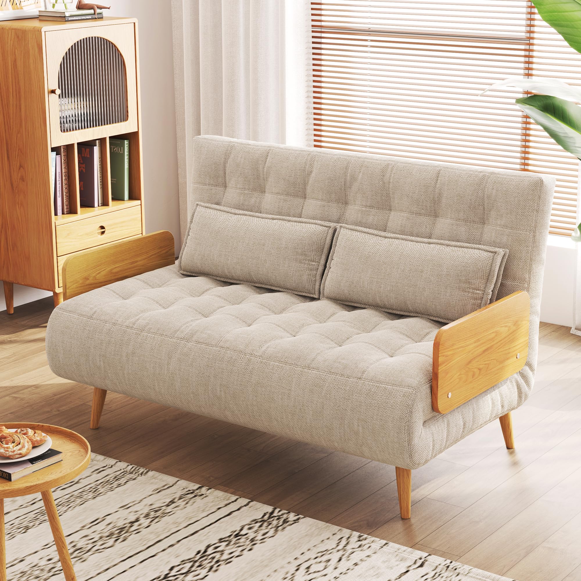 3-in-1 Convertible Sleeper Chair Bed Futon Sofa - Foldable Lazy Sofa with Wood Armrests & Pillows - Linen Chaise Lounge for Small Spaces & Apartments - Mid-Century Modern Design (76.6