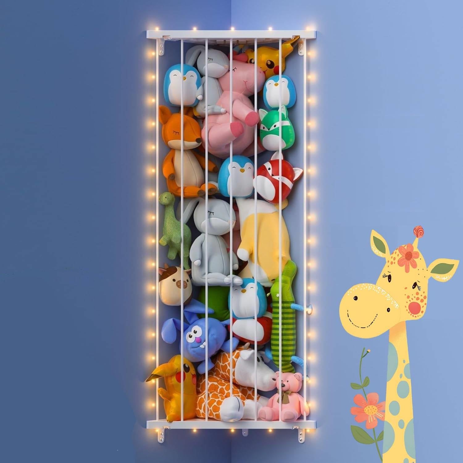 Corner Stuffed Animal Storage Net with LED Lights - Adjustable Hanging Plush Toy Organizer Hammock for Kids Room, Playroom, Bedroom & Nursery Decor - Perfect for Storing Teddy Bears, Dolls & Soft Toys