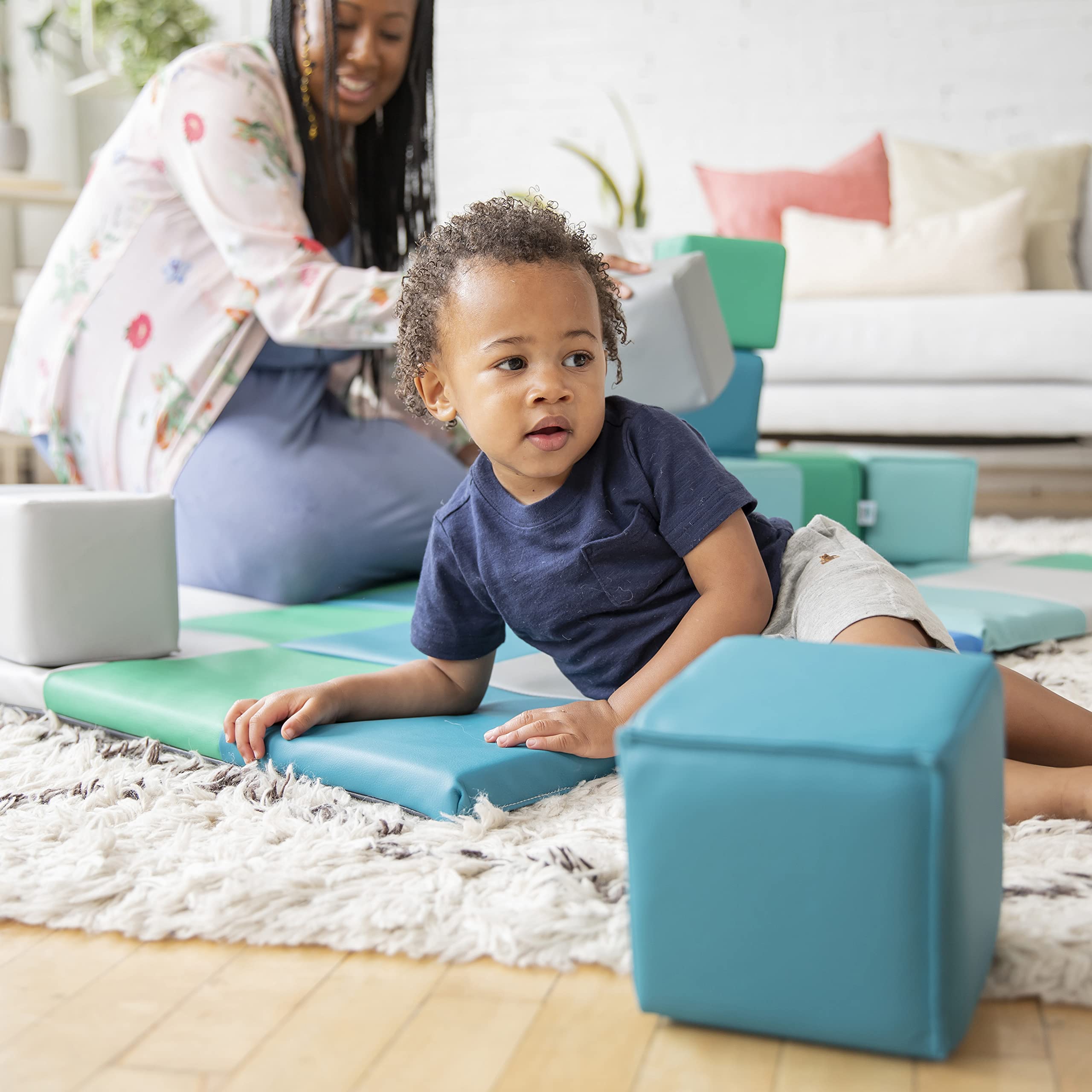 ECR4Kids SoftZone Patchwork Activity Mat and Toddler Blocks - 13-Piece Beginner Playset for Early Learning | Safe Playroom Floor Mat & Building Blocks for Toddlers | Perfect for Daycare, Preschool & Home Play Areas