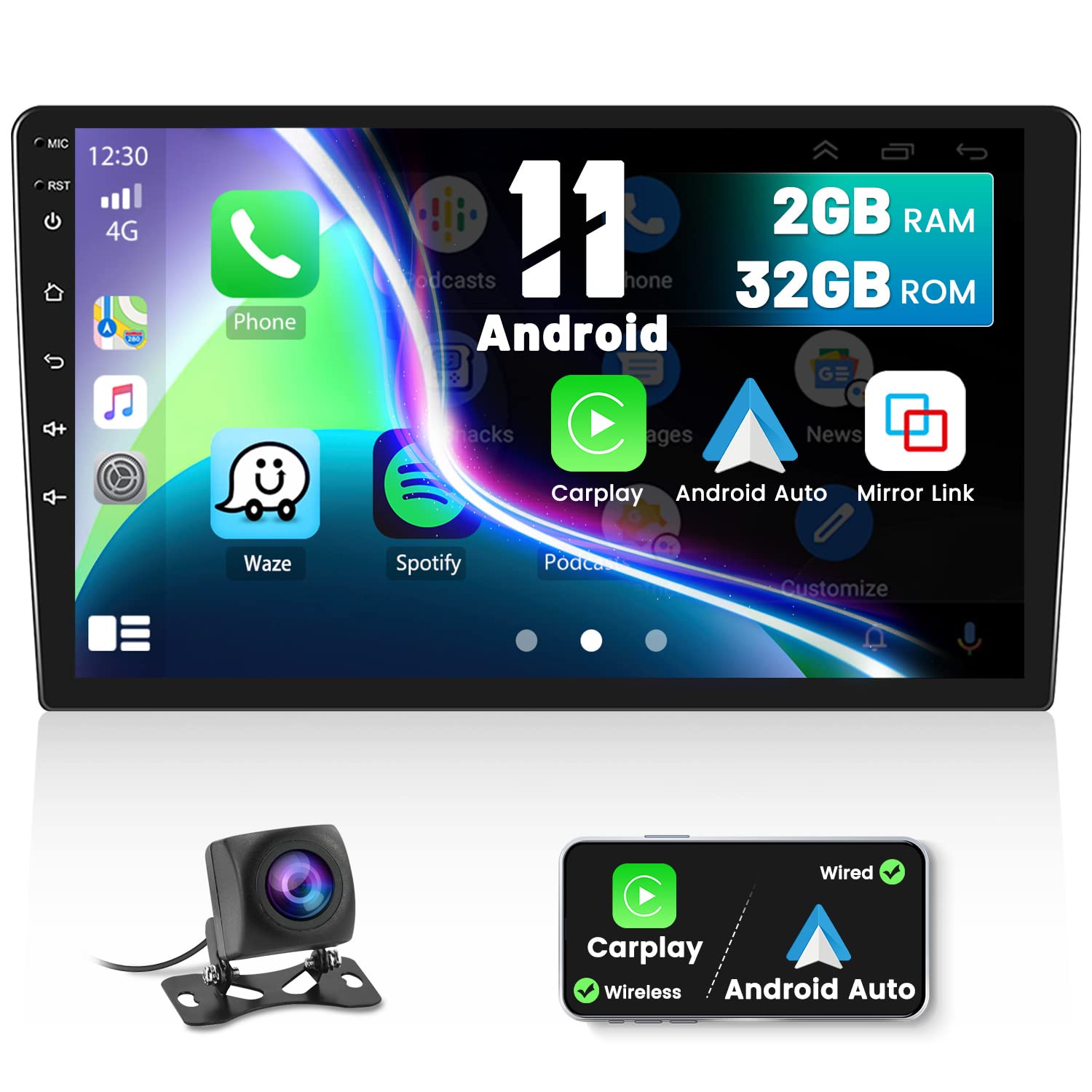 Hikity 10.1 Inch Double Din Android 11 Car Stereo with Wireless Apple Carplay & Android Auto - 2GB RAM 32GB ROM - Bluetooth, WiFi, GPS Navigation, Mirror Link, FM, SWC, Mic & AHD Backup Camera - Perfect for Truck, SUV and Sedan Upgrades